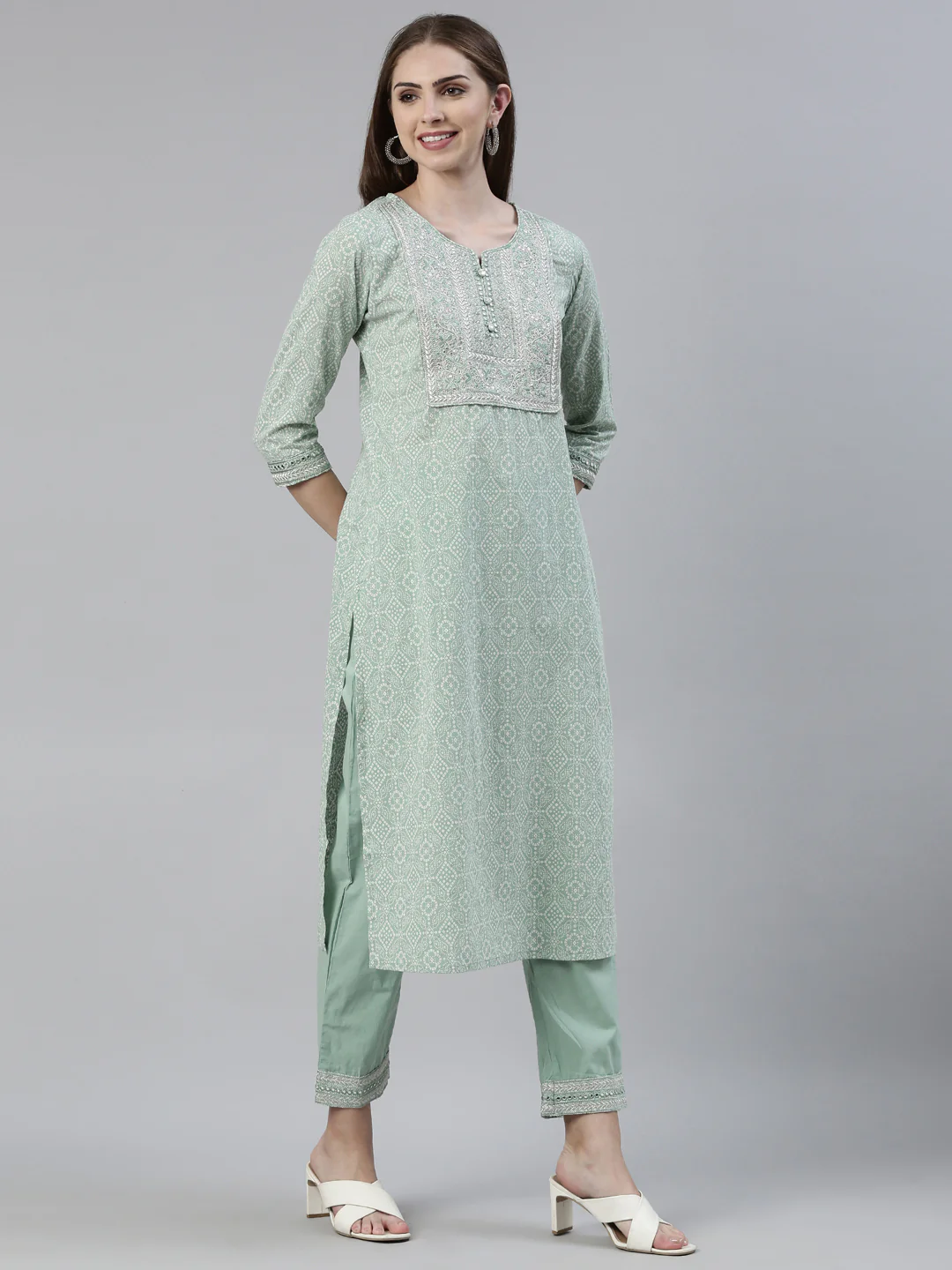 Neerus Green Regular Knee Length Printed Kurta Solid Trousers With Dupatta - Image 2