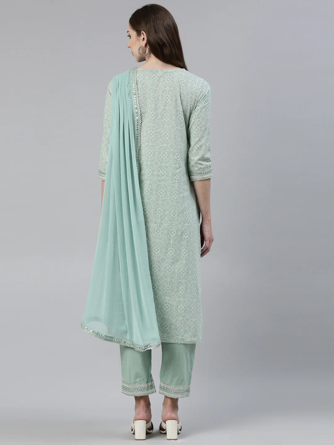 Neerus Green Regular Knee Length Printed Kurta Solid Trousers With Dupatta - Image 3
