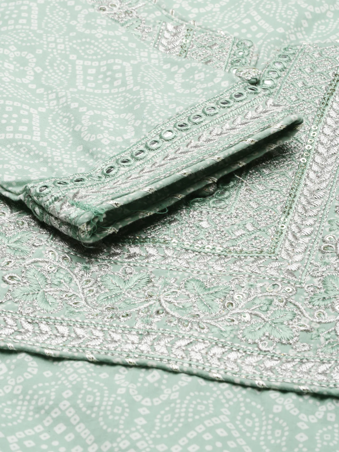 Neerus Green Regular Knee Length Printed Kurta Solid Trousers With Dupatta - Image 5