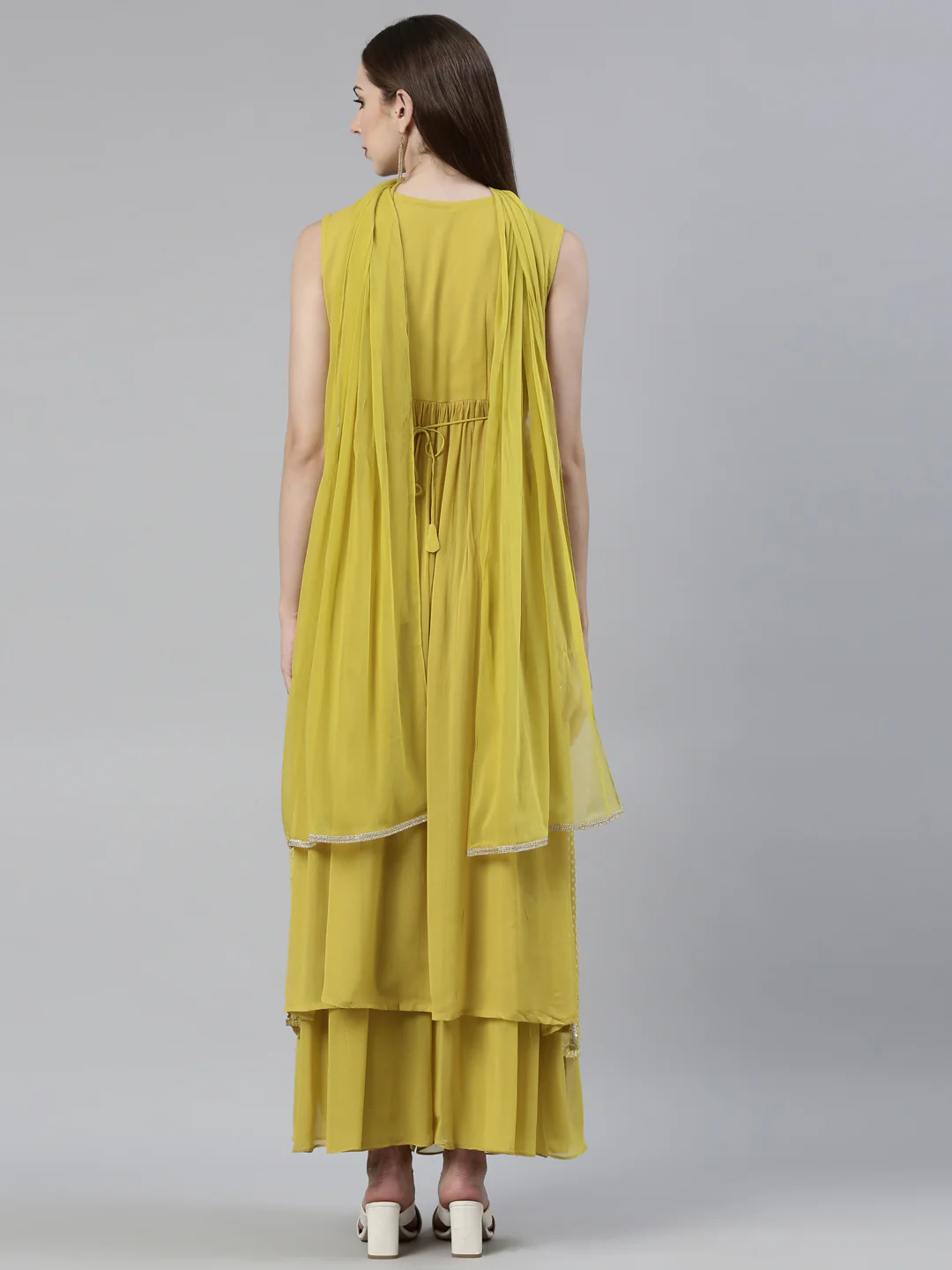 Neerus Green Regular Knee Length Solid Kurta Solid Palazzos With Dupatta - Image 3