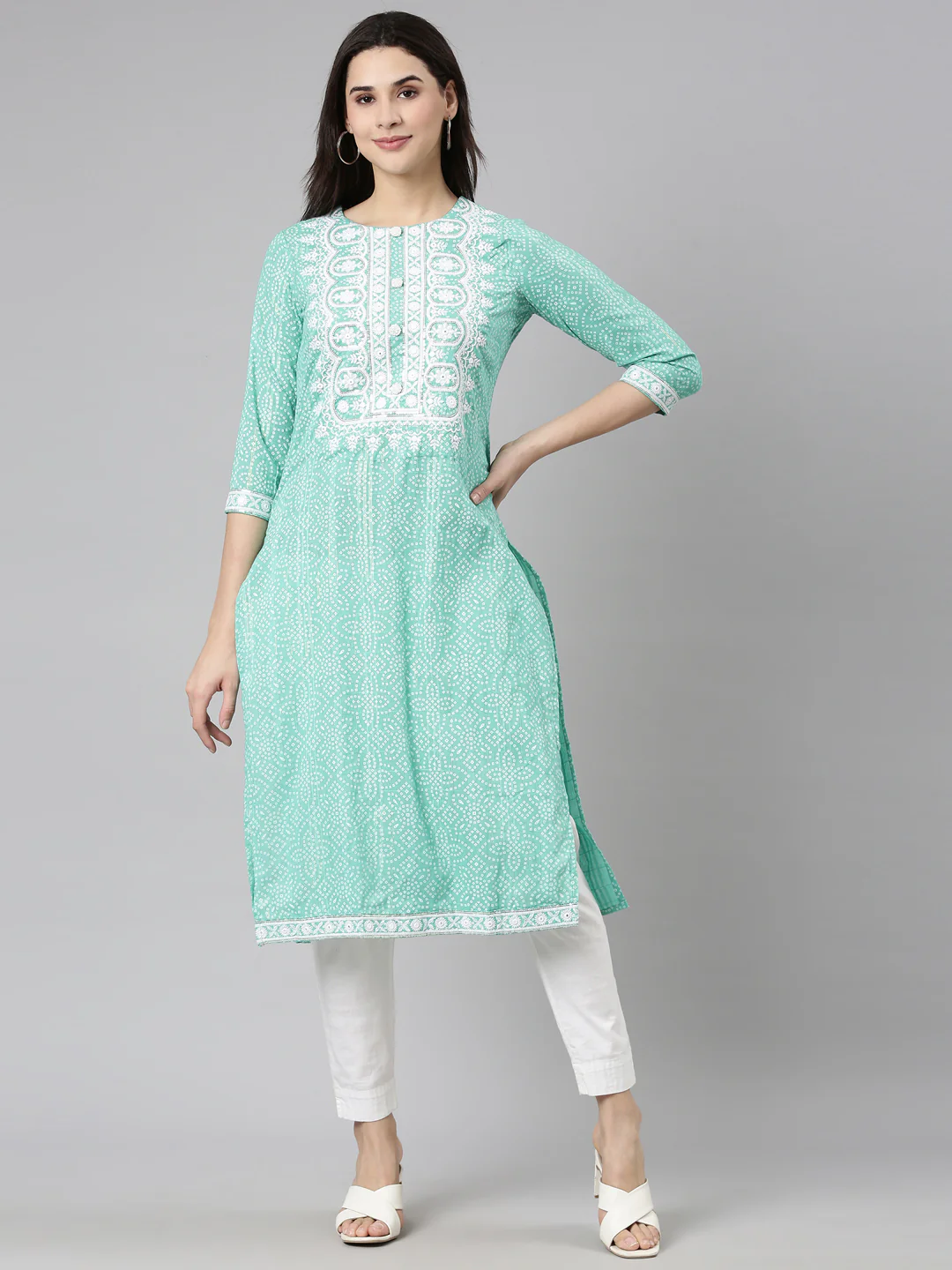 Neerus Green Regular Straight Bandhani Kurta