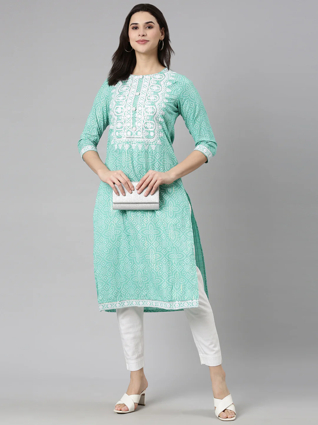 Neerus Green Regular Straight Bandhani Kurta - Image 5