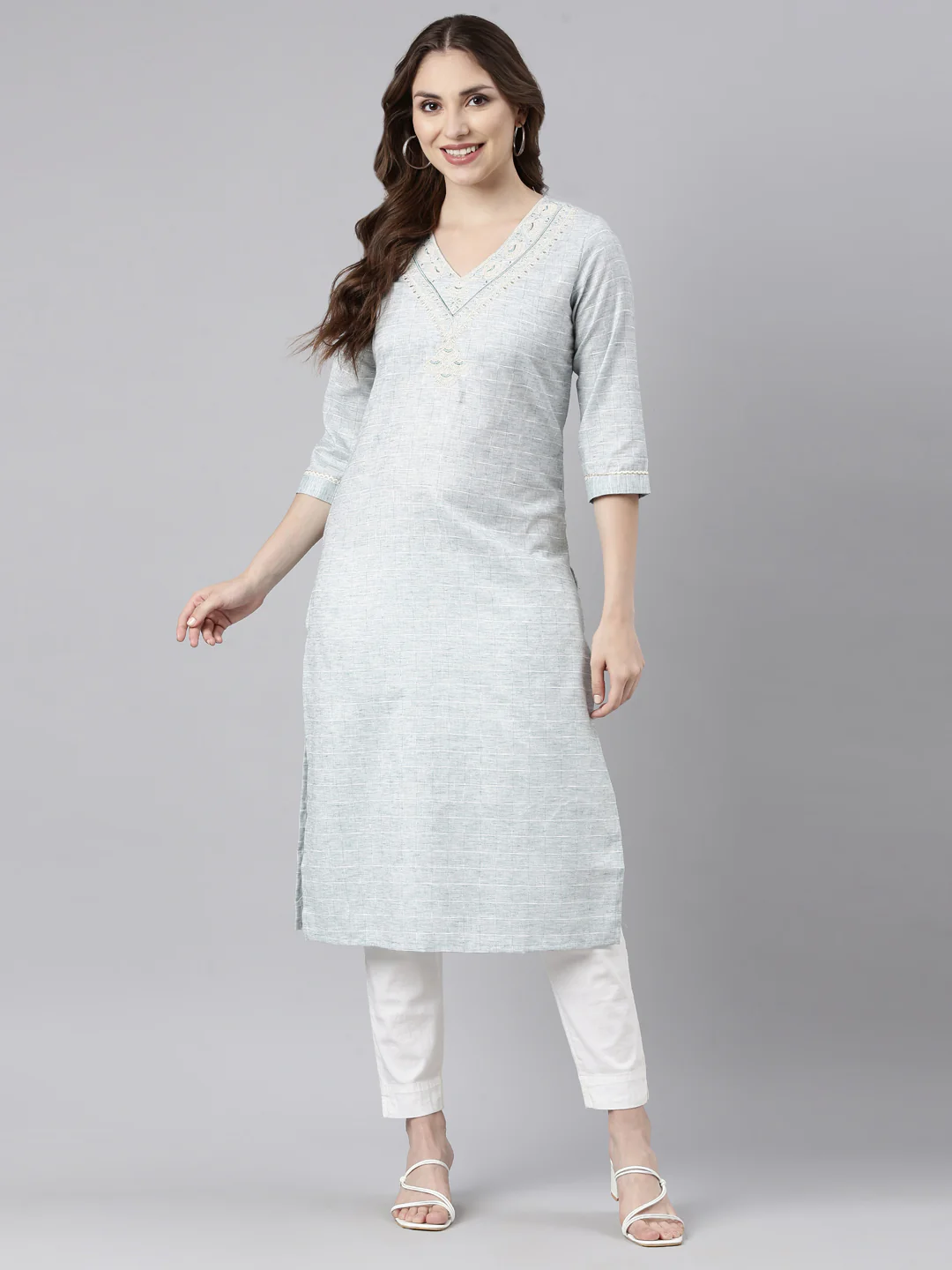 Neerus Green Regular Straight Checked Kurta - Image 5