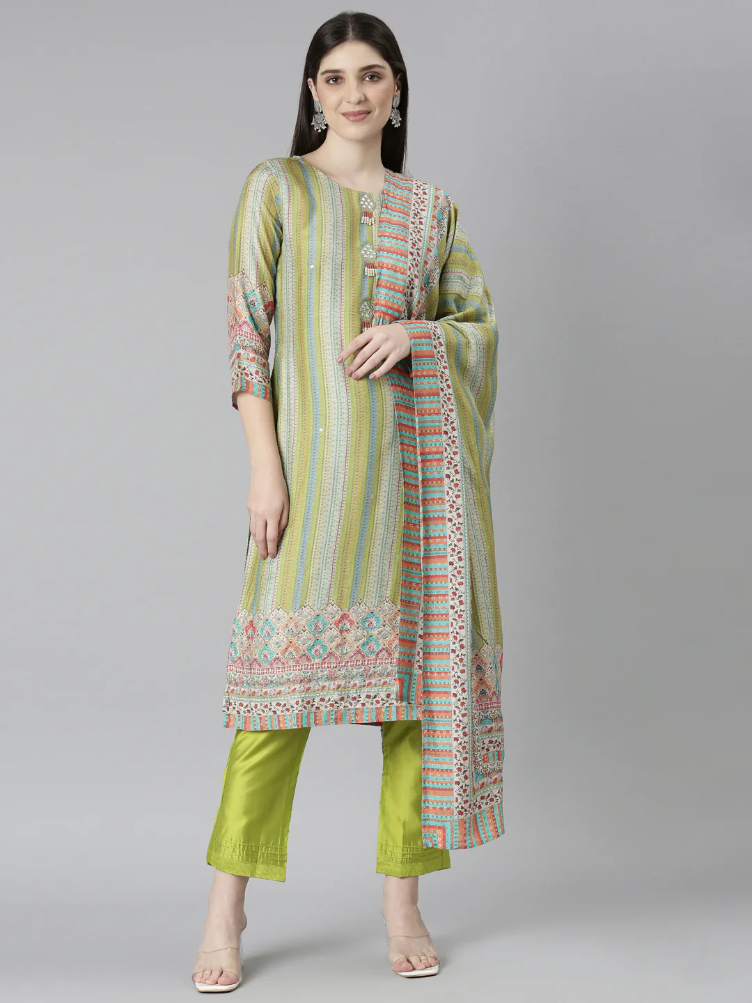 Neerus Green Regular Straight Chevron Kurta And Trousers With Dupatta