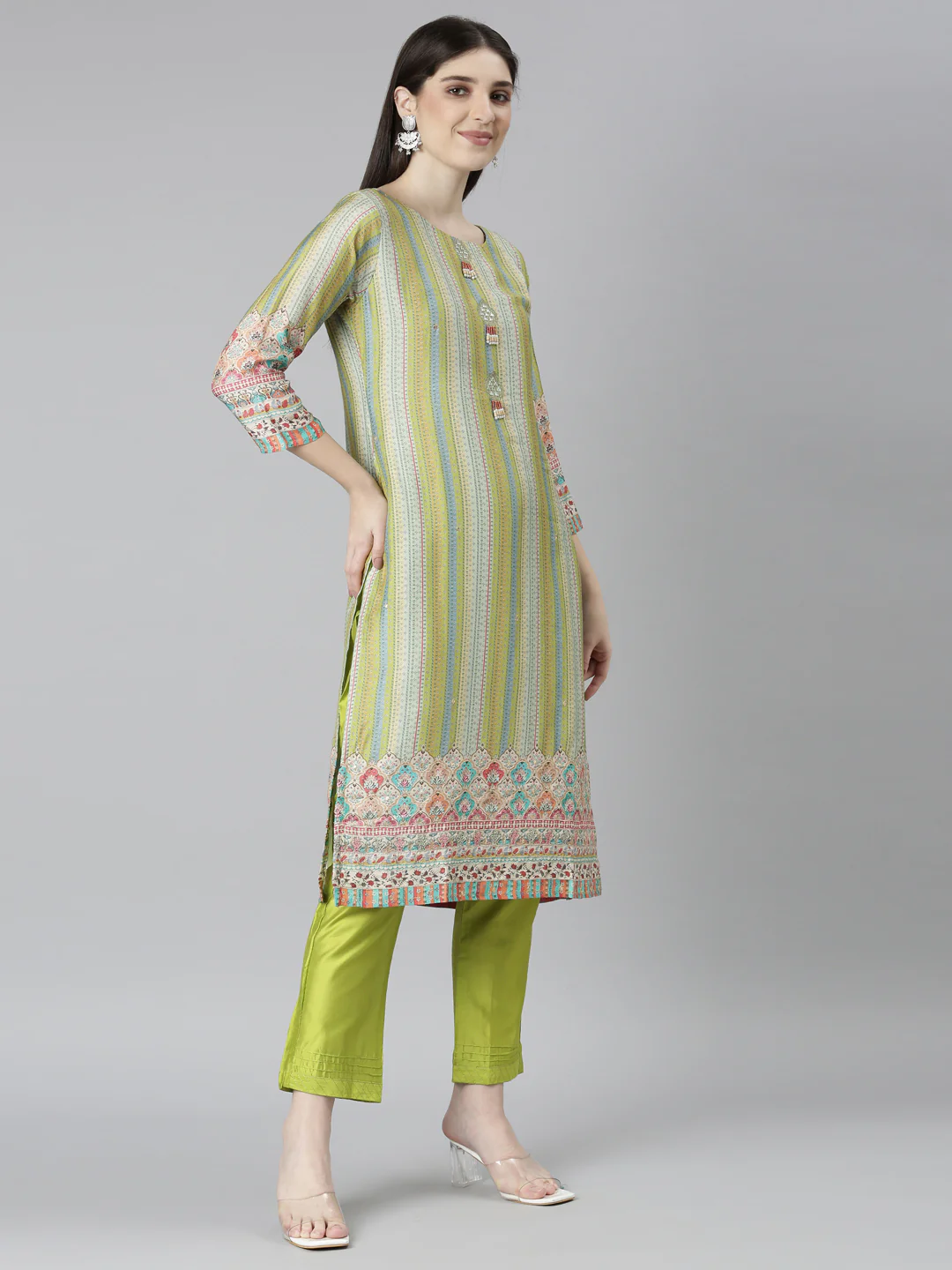 Neerus Green Regular Straight Chevron Kurta And Trousers With Dupatta - Image 2