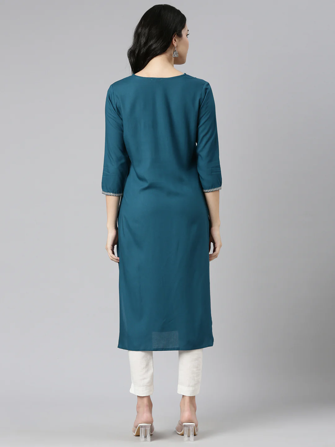 Neerus Green Regular Straight Embroidered Kurta - Image 3