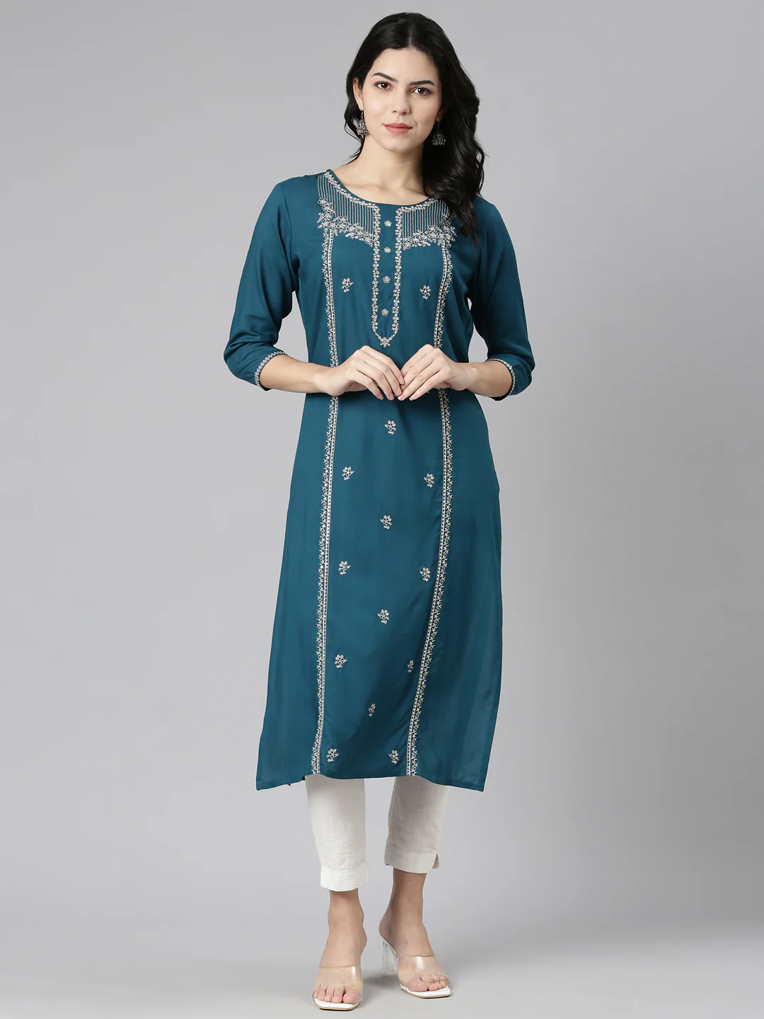 Neerus Green Regular Straight Embroidered Kurta - Image 5