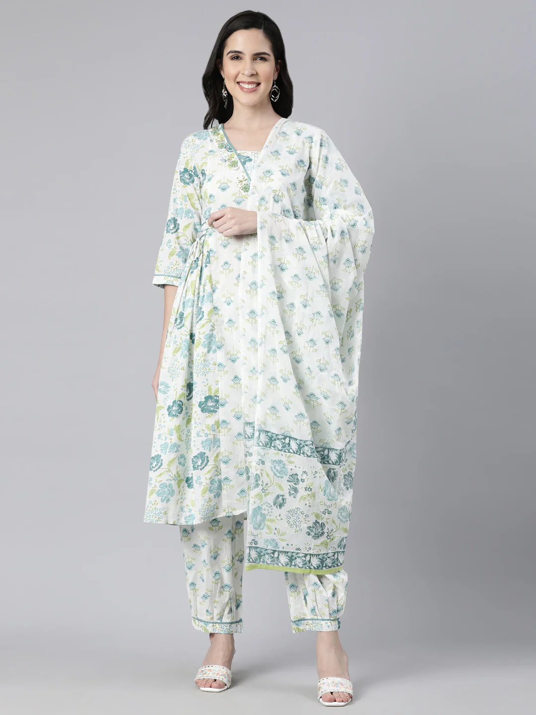 Neerus Green Regular Straight Floral Kurta And Salwar With Dupatta