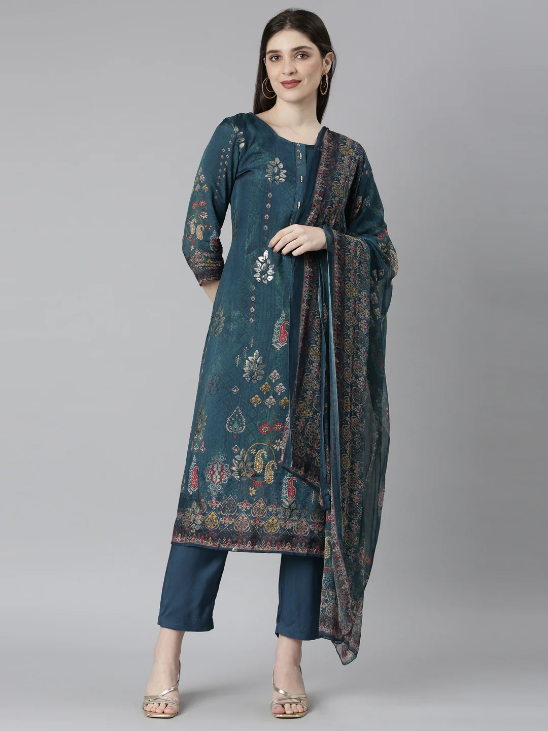 Neerus Green Regular Straight Floral Kurta And Trousers With Dupatta