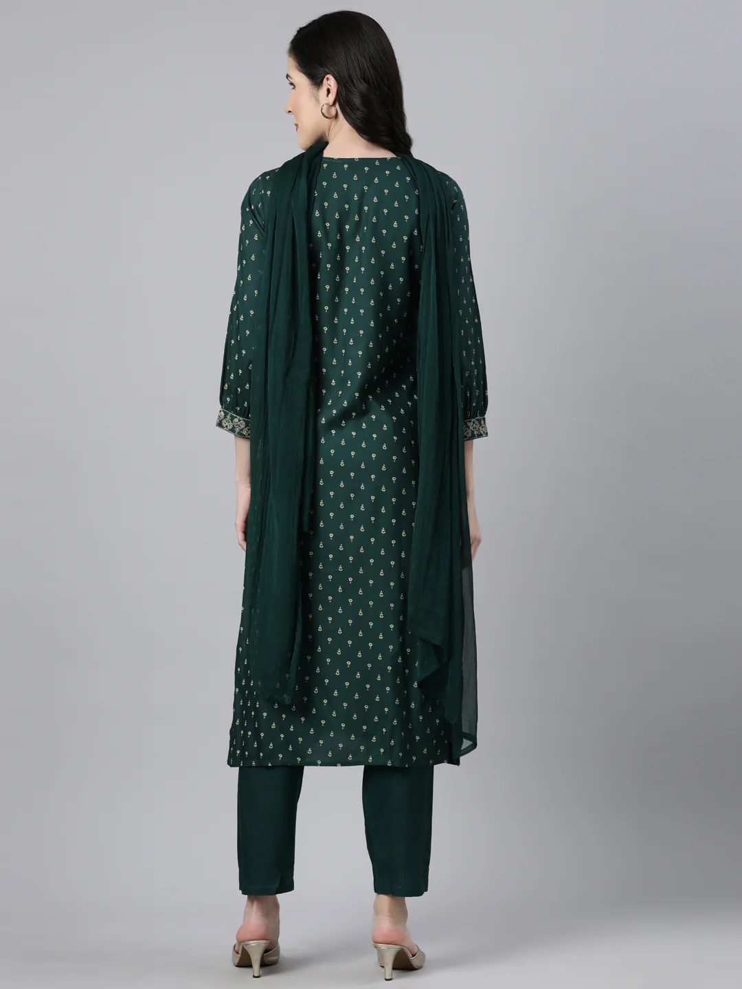 Neerus Green Regular Straight Floral Kurta And Trousers With Dupatta - Image 3