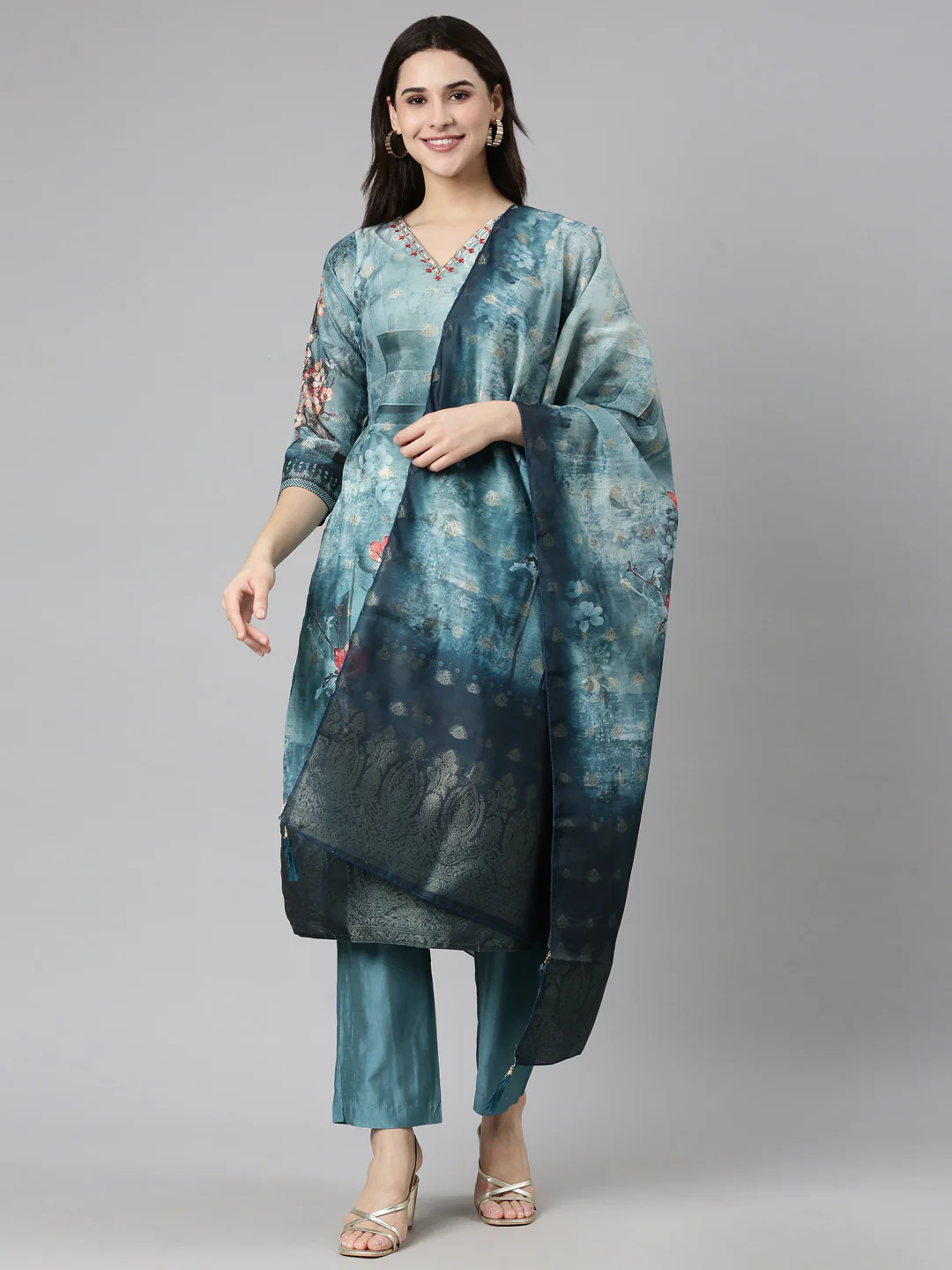 Neerus Green Regular Straight Floral Kurta And Trousers With Dupatta