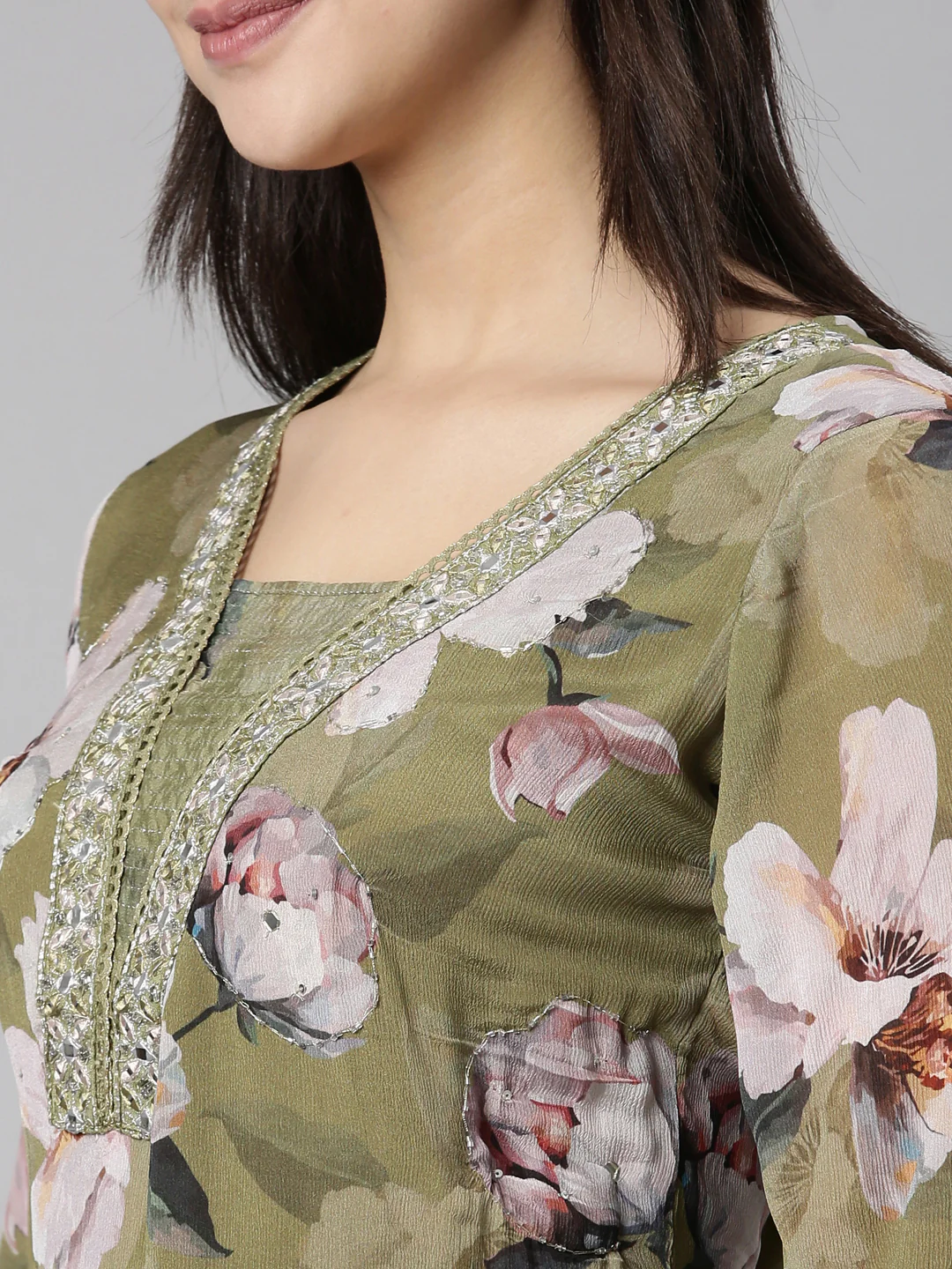 Neerus Green Regular Straight Floral Kurta And Trousers With Dupatta - Image 7