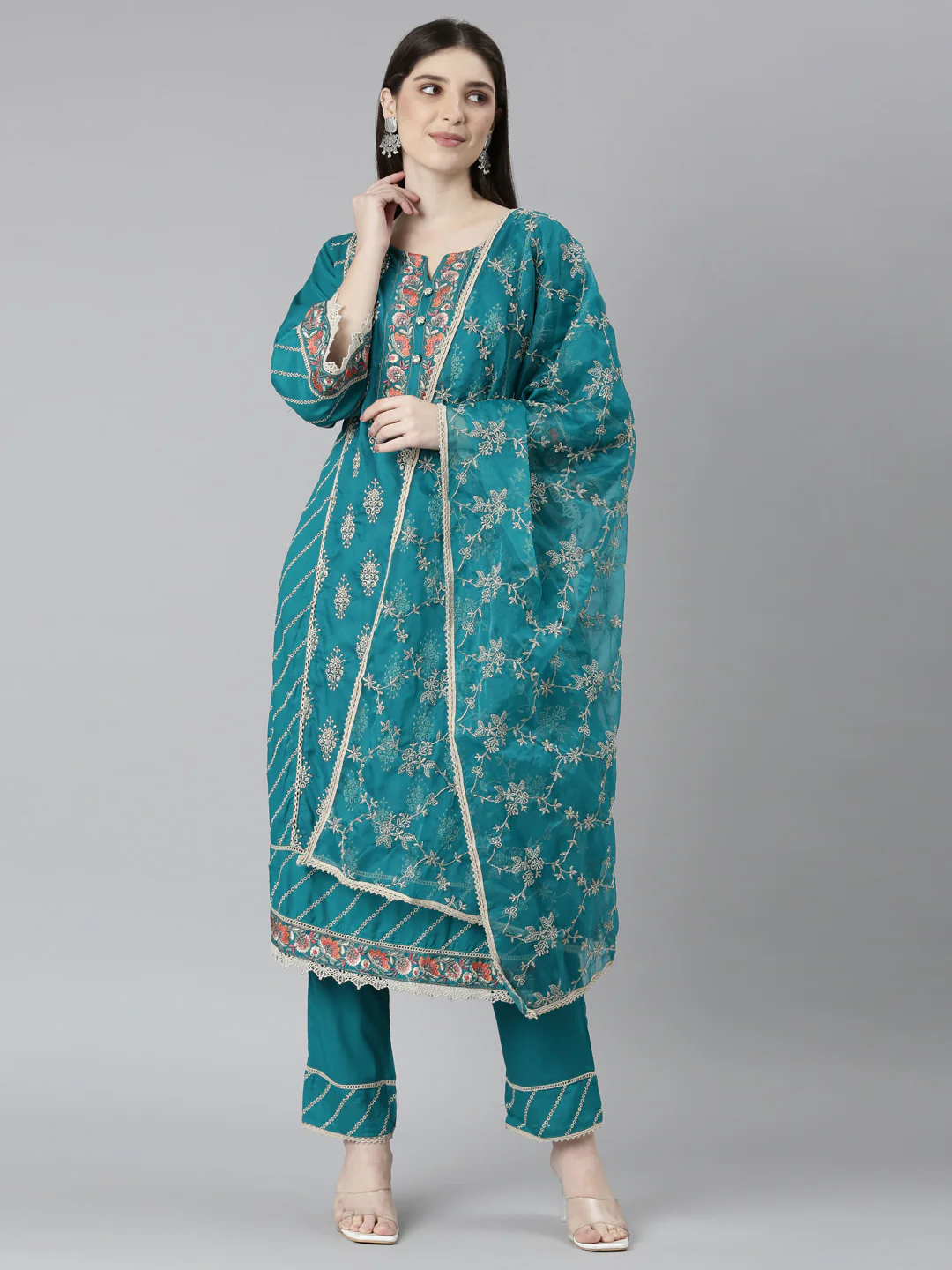 Neerus Green Regular Straight Floral Kurta And Trousers With Dupatta