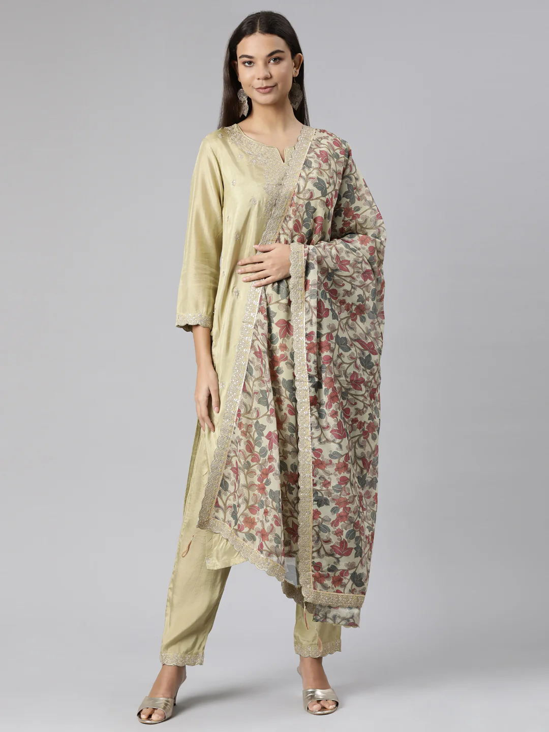 Neerus Green Regular Straight Floral Kurta And Trousers With Dupatta