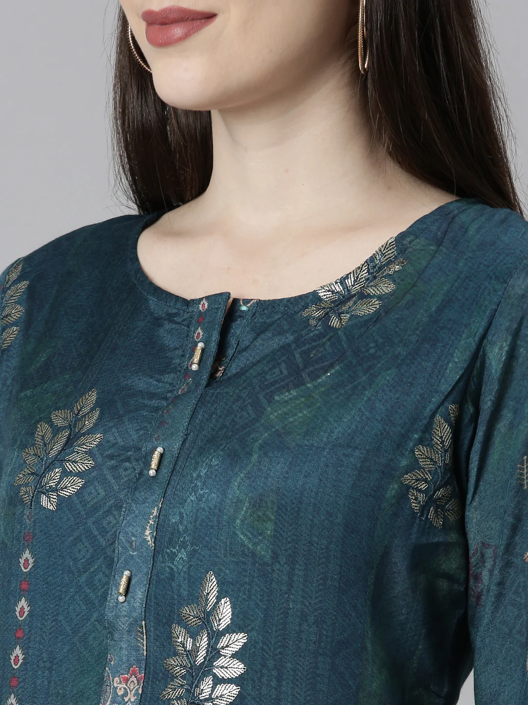 Neerus Green Regular Straight Floral Kurta And Trousers With Dupatta - Image 5