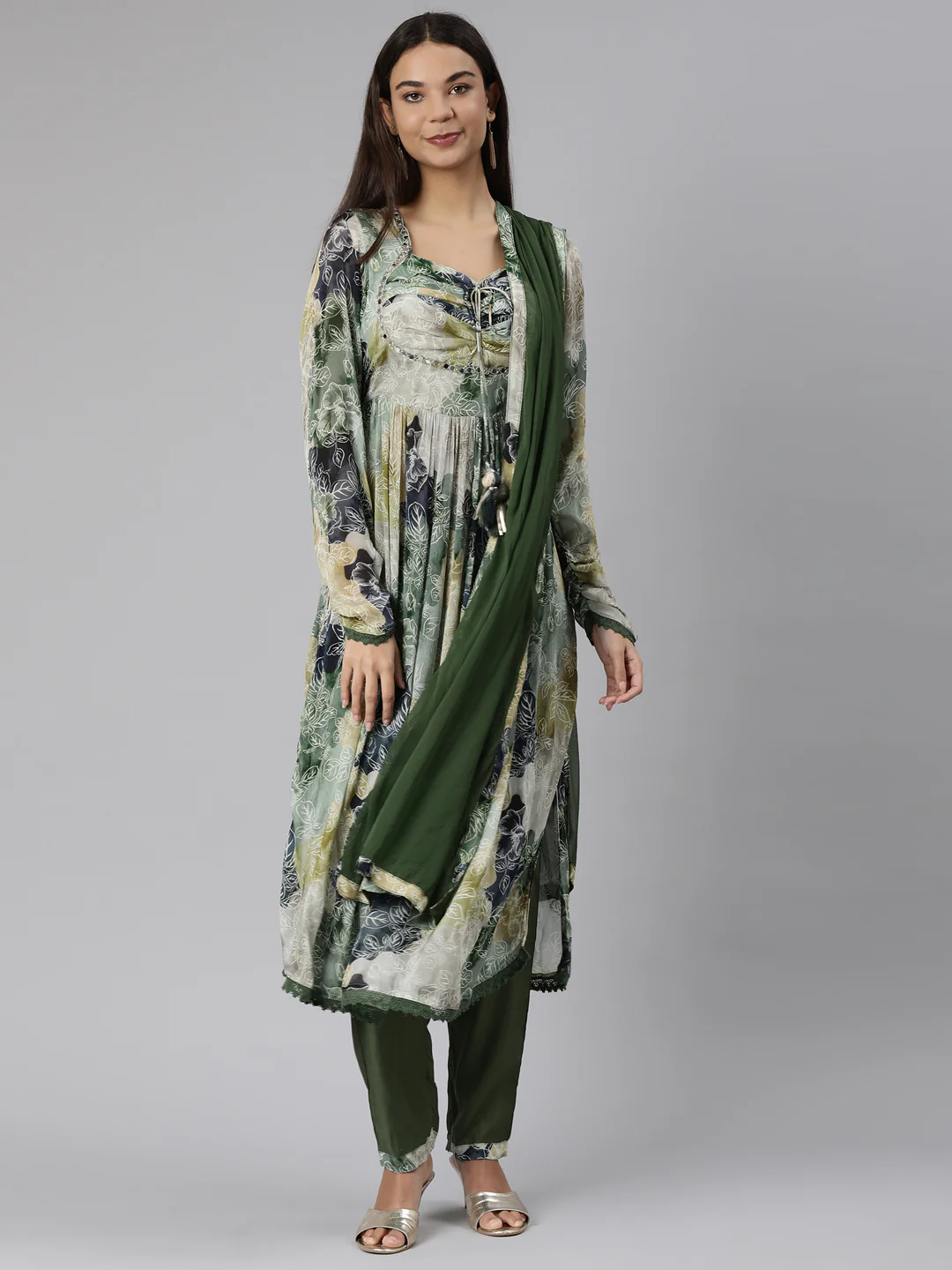 Neerus Mehadi Green Regular Straight Floral Kurta And Trousers With Dupatta