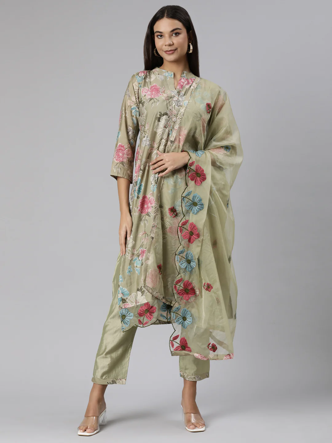 Neerus Green Regular Straight Floral Kurta And Trousers With Dupatta