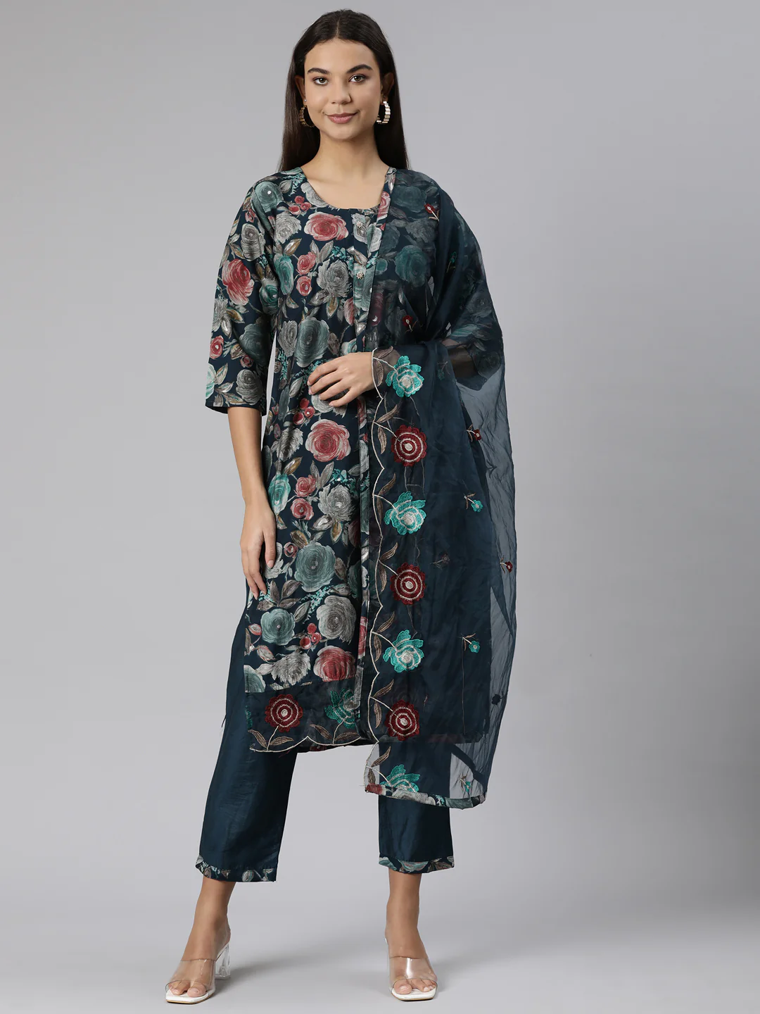 Neerus Green Regular Straight Floral Kurta And Trousers With Dupatta