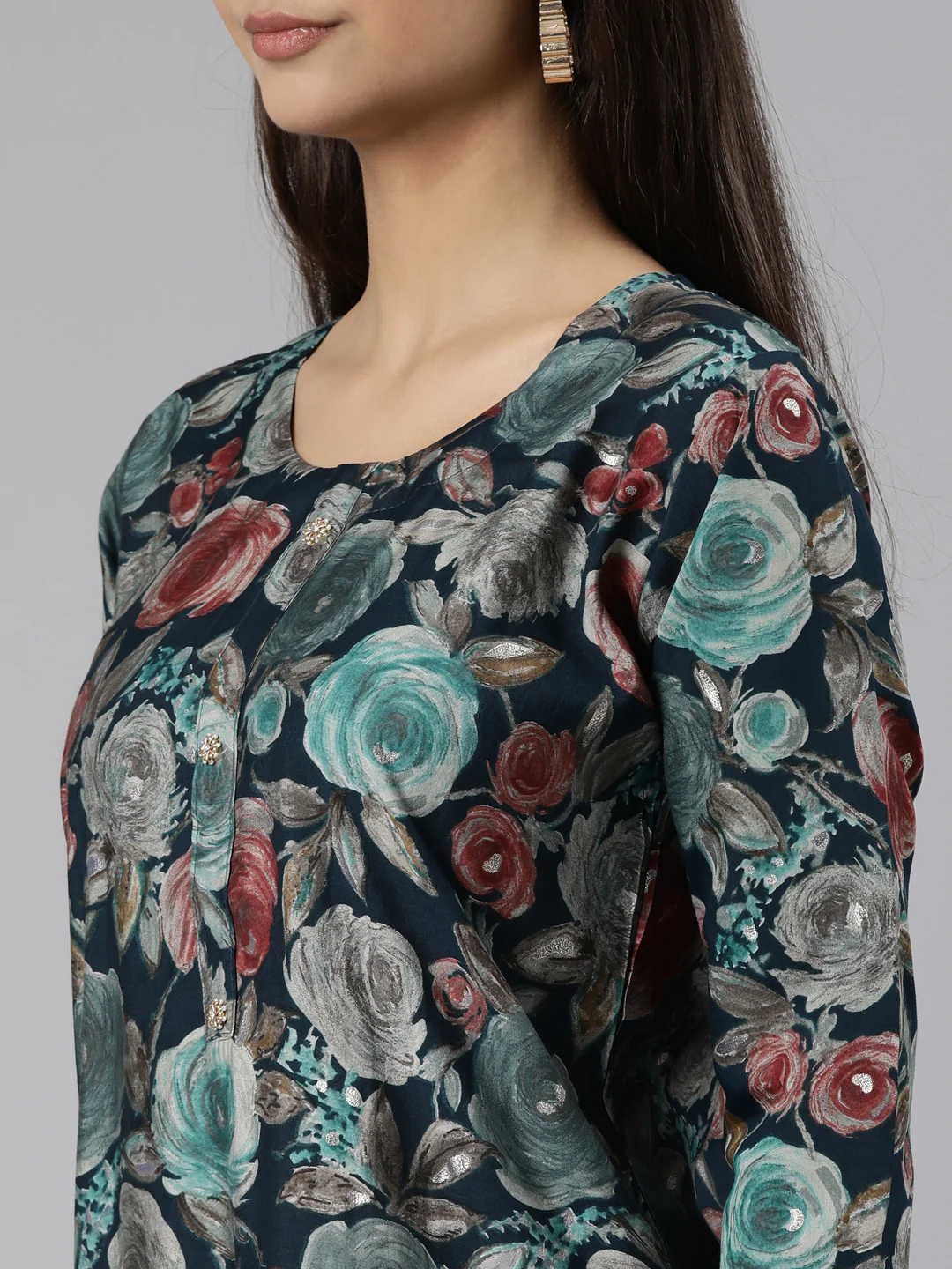 Neerus Green Regular Straight Floral Kurta And Trousers With Dupatta - Image 5