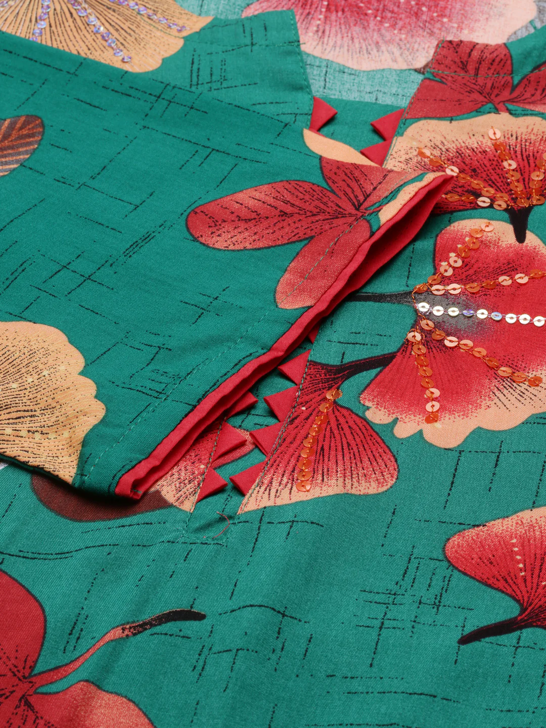 Neerus Green Regular Straight Floral Kurta - Image 4