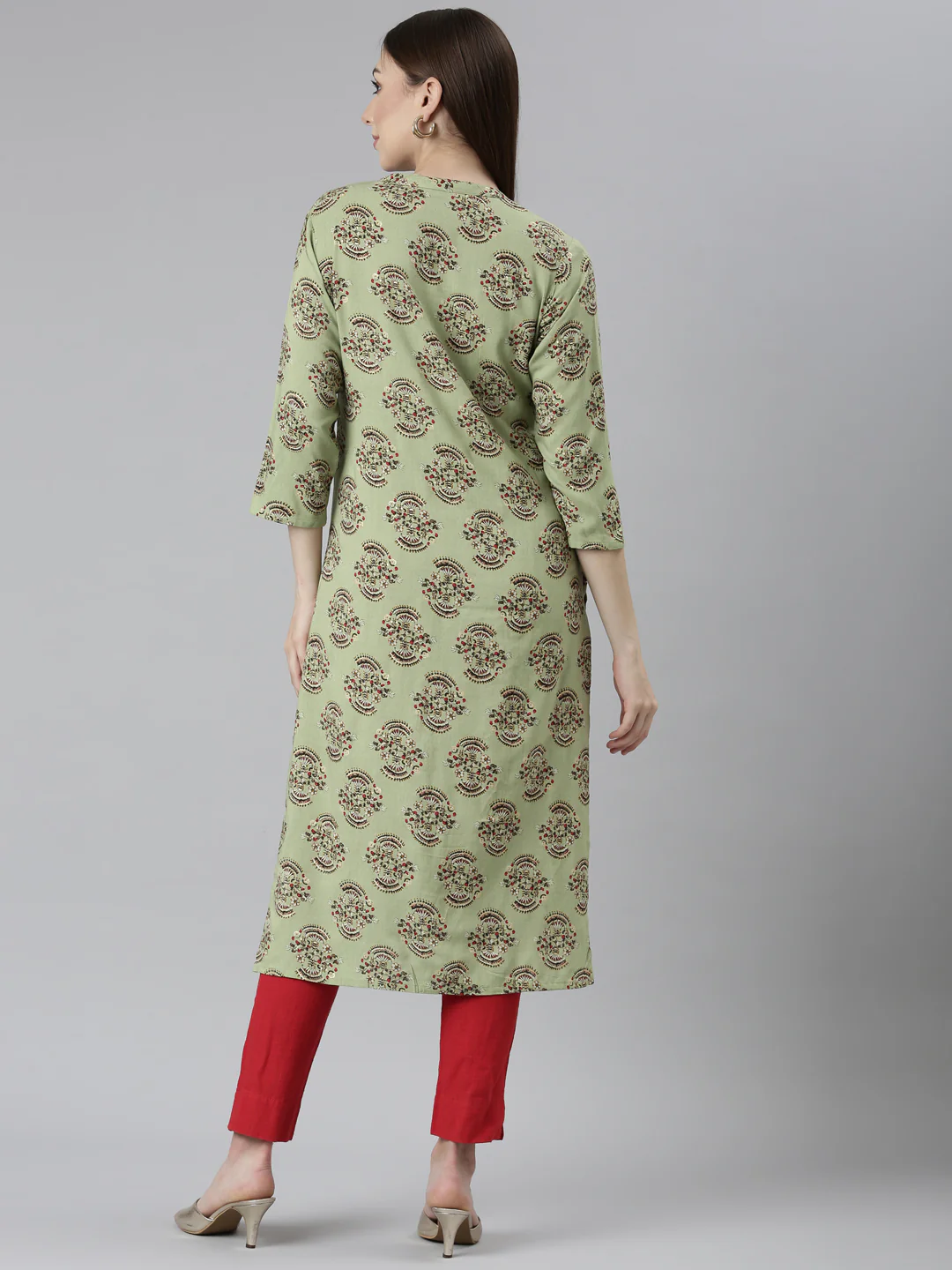 Neerus Green Regular Straight Floral Kurta - Image 3