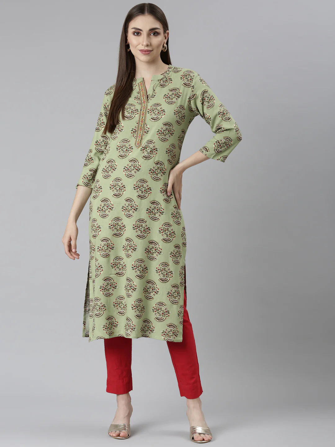 Neerus Green Regular Straight Floral Kurta - Image 5