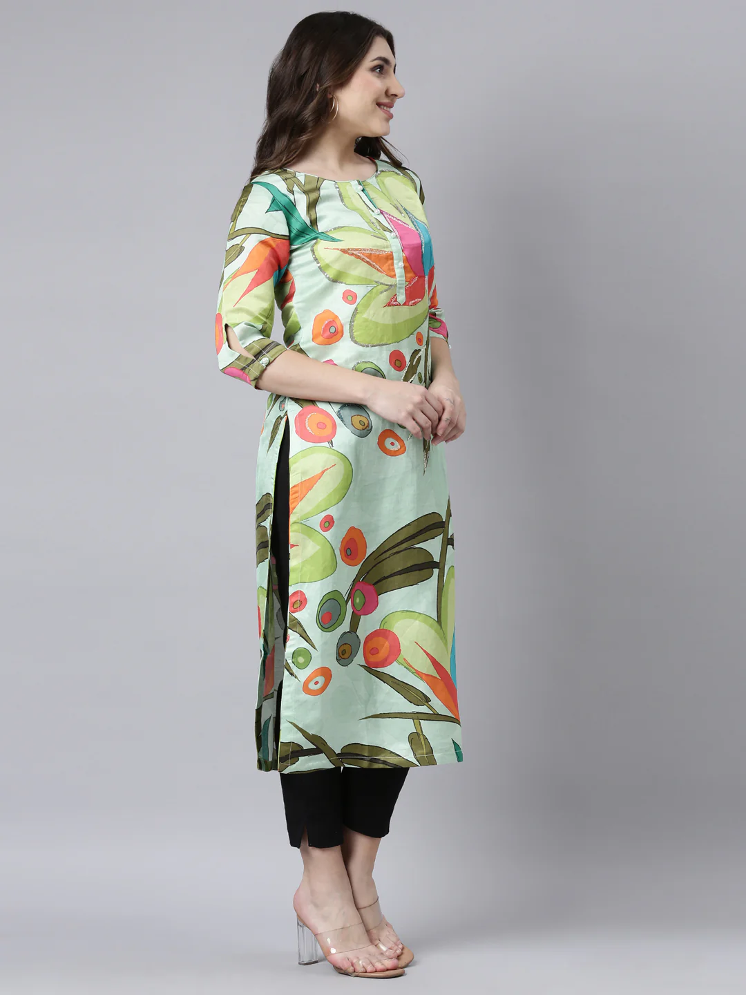 Neerus Green Regular Straight Floral Kurta - Image 2