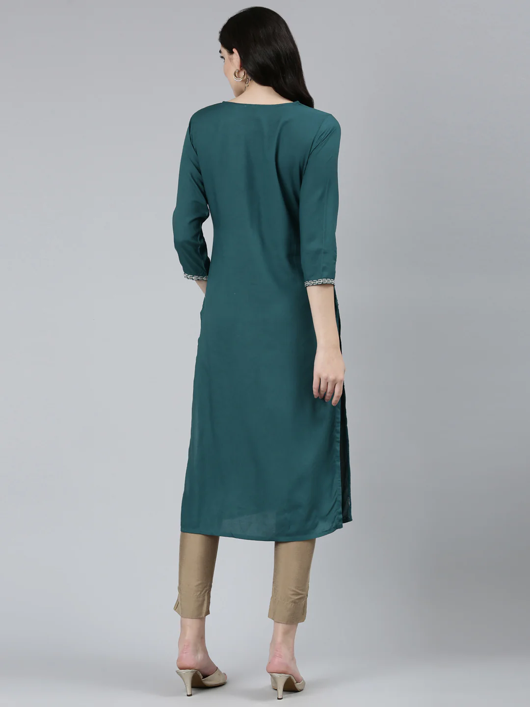Neerus Green Regular Straight Floral Kurta - Image 3