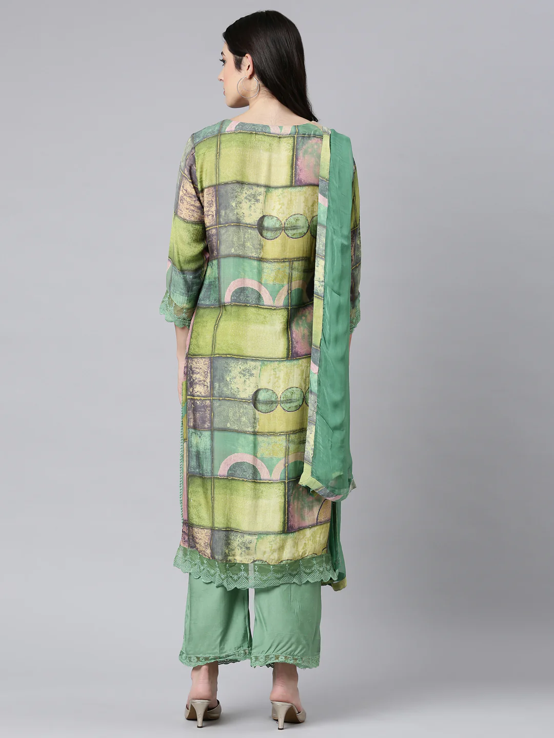 Neerus Green Regular Straight Geometric Kurta And Trousers With Dupatta - Image 3