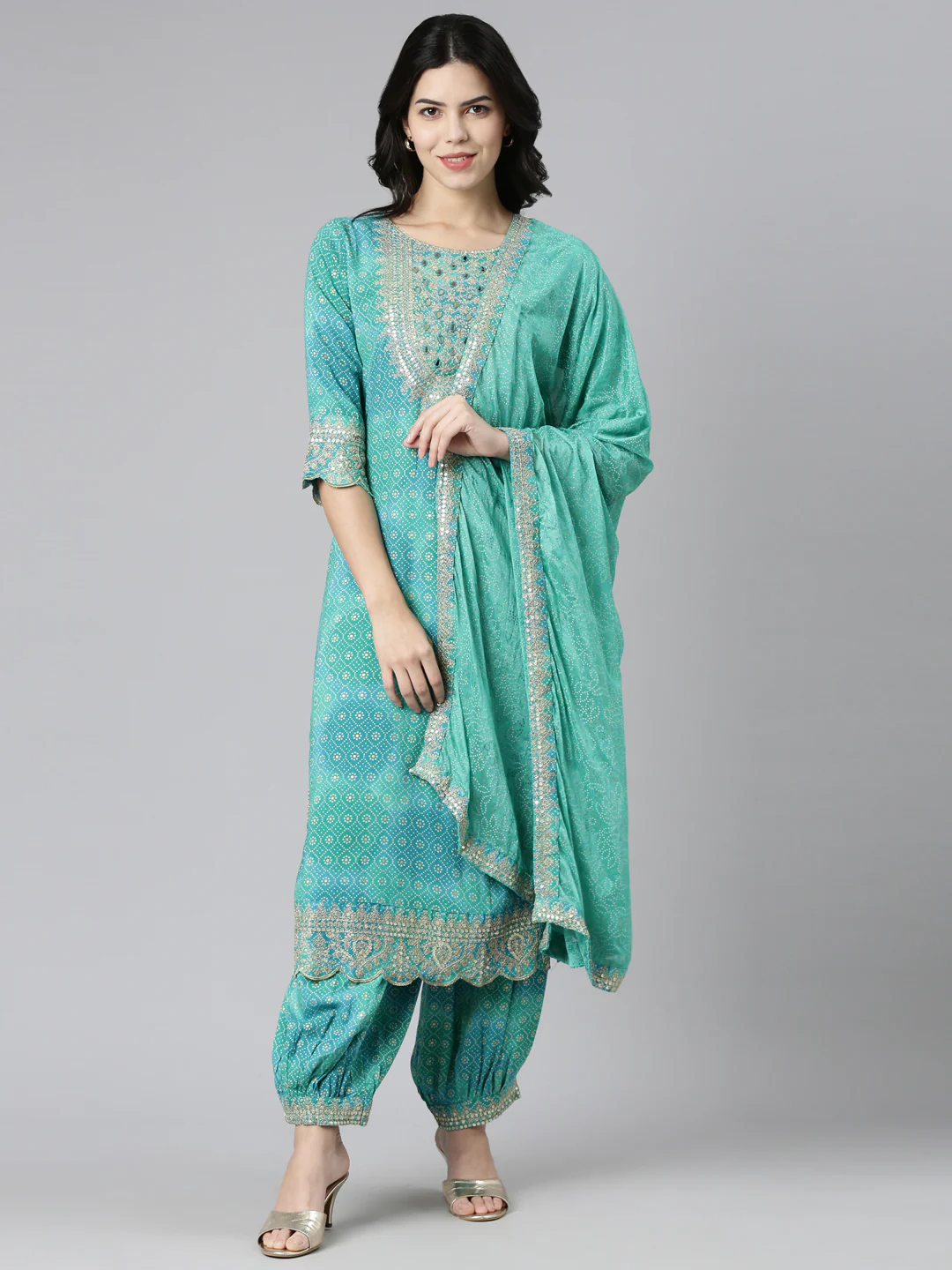 Neerus Green Regular Straight Printed Kurta And Salwar With Dupatta - Image 5