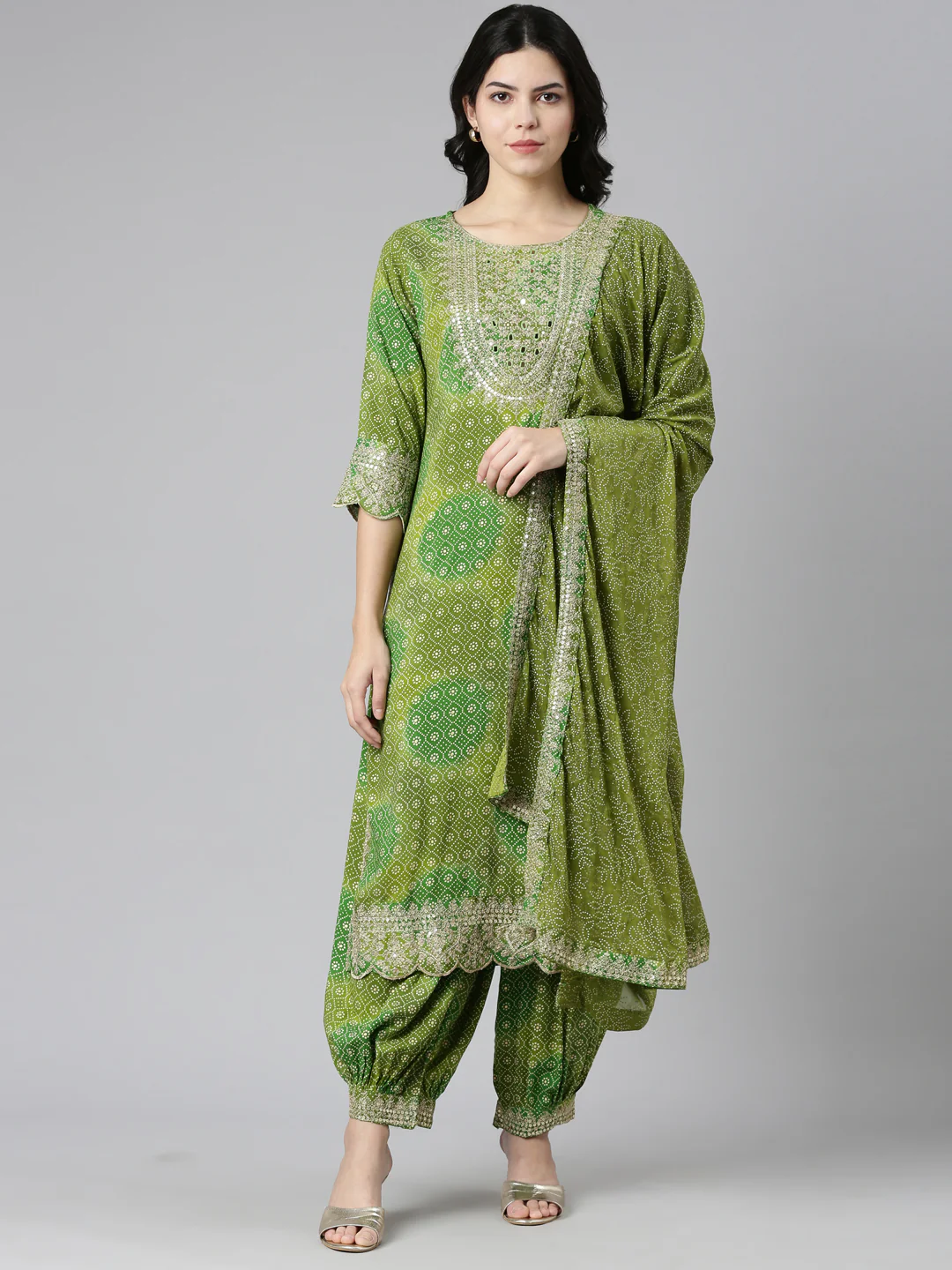 Neerus Green Regular Straight Printed Kurta And Salwar With Dupatta