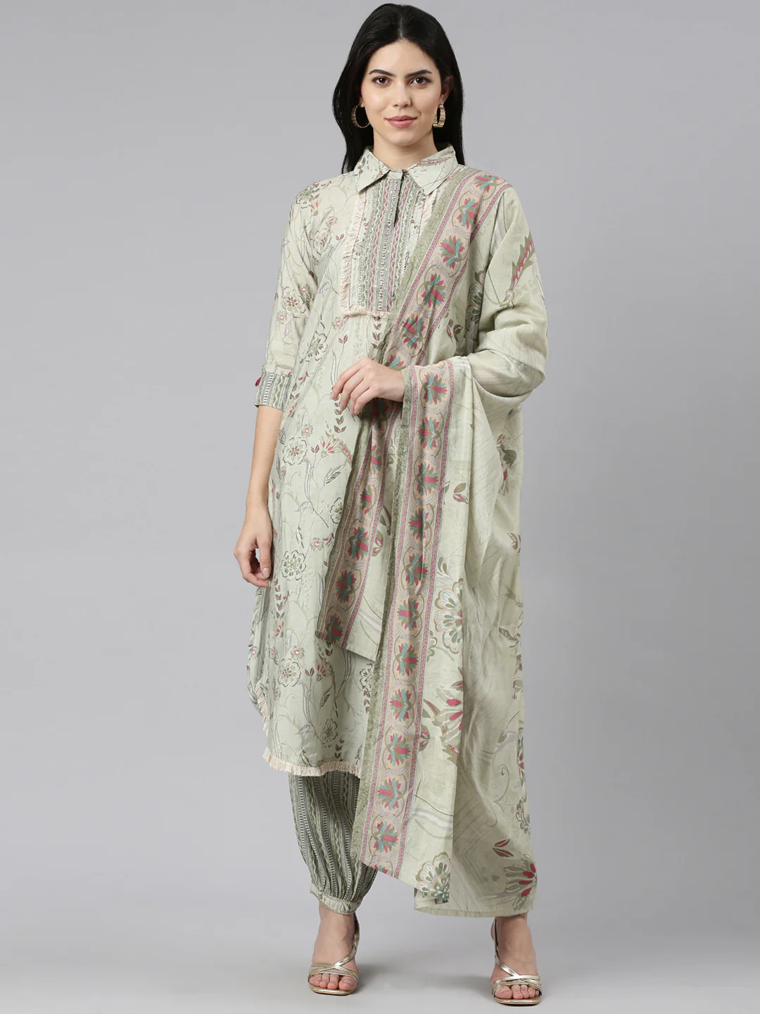 Neerus Green Regular Straight Printed Kurta And Salwar With Dupatta