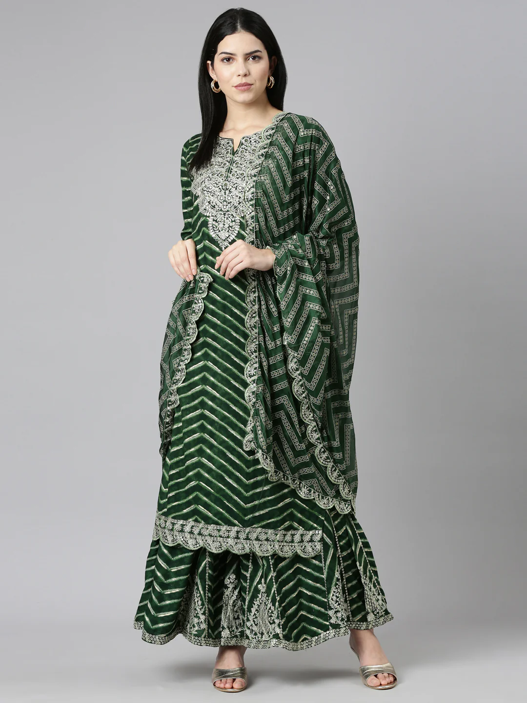 Neerus Green Regular Straight Printed Kurta And Sharara With Dupatta - Image 5