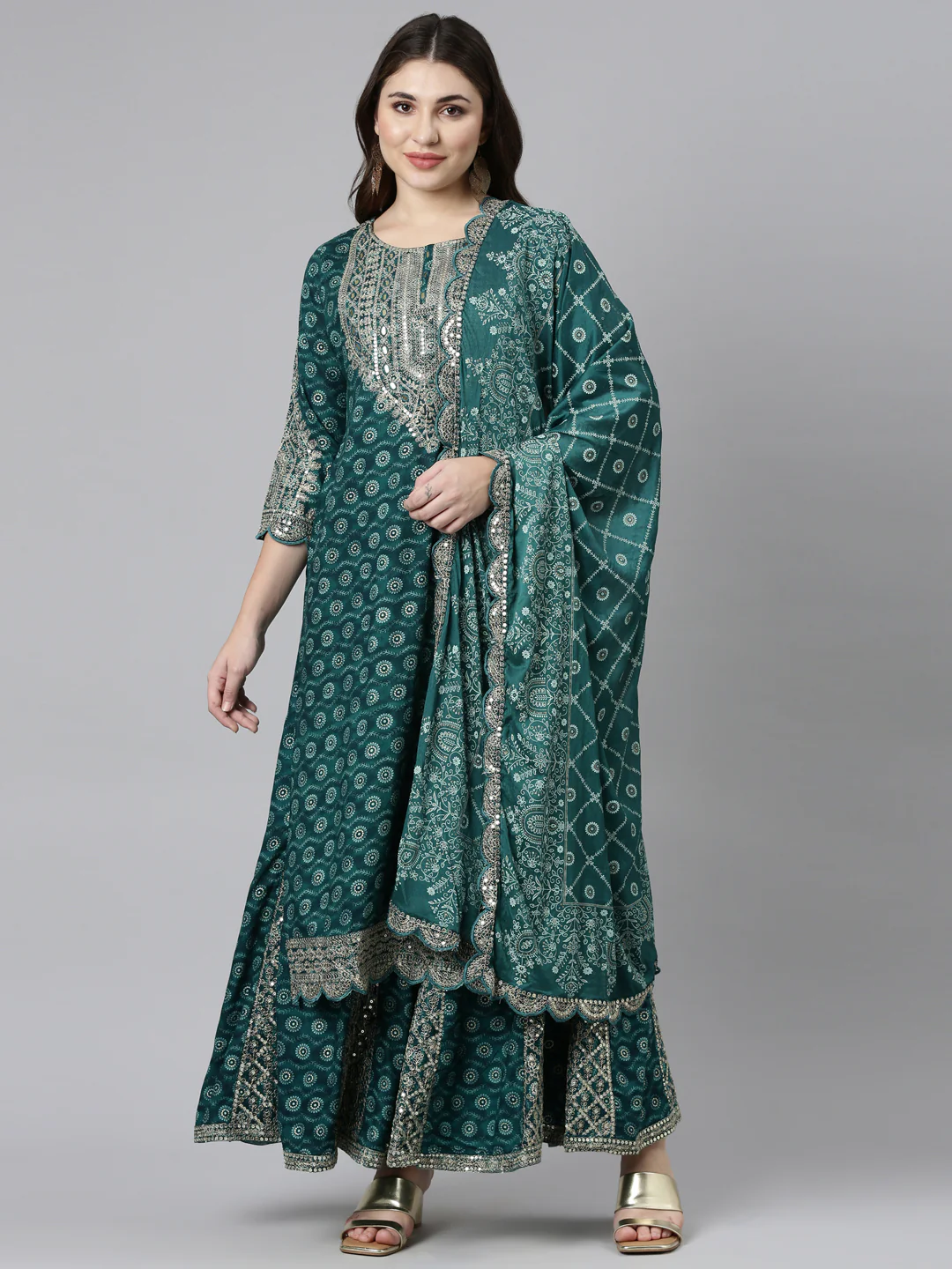 Neerus Green Regular Straight Printed Kurta And Sharara With Dupatta