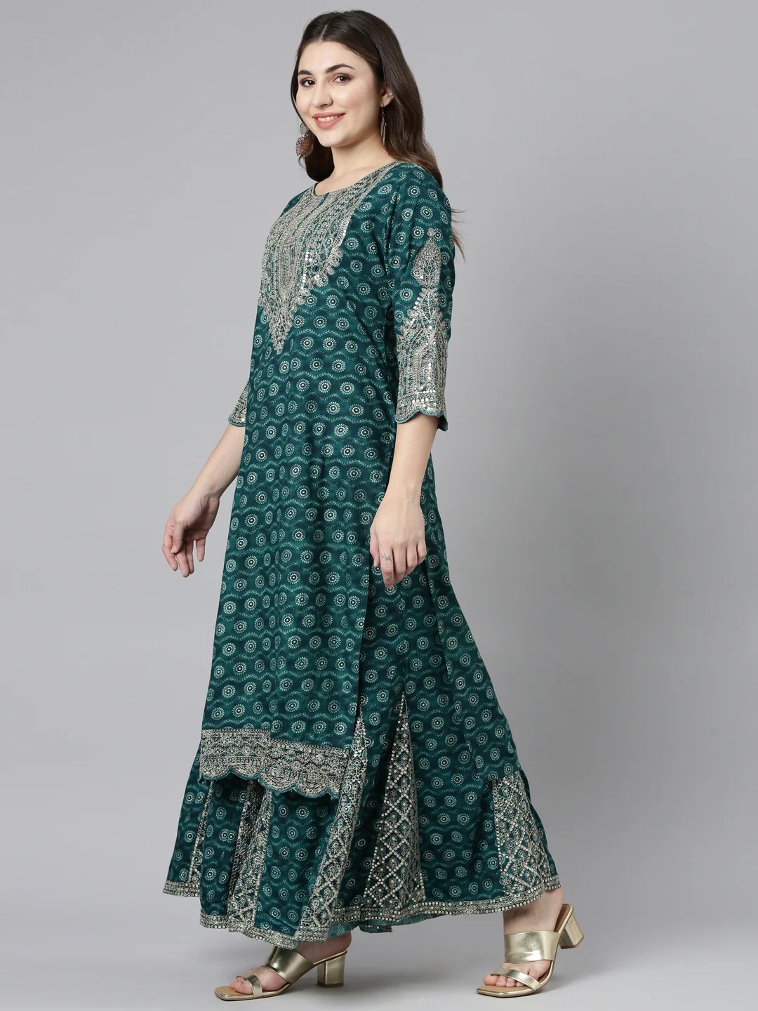 Neerus Green Regular Straight Printed Kurta And Sharara With Dupatta - Image 2