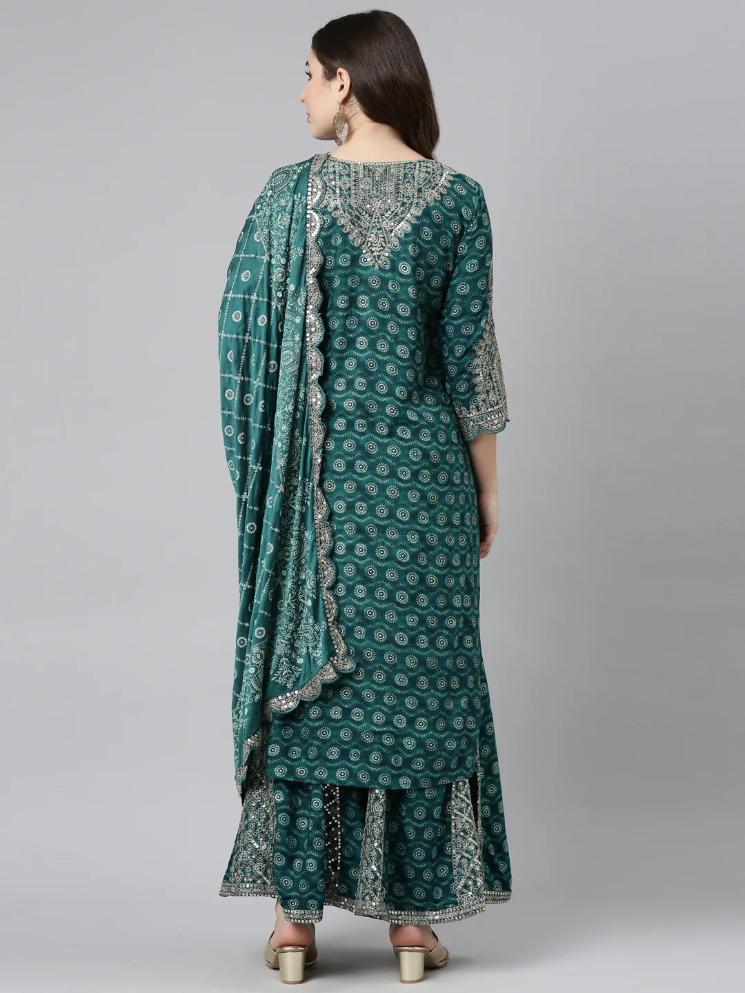 Neerus Green Regular Straight Printed Kurta And Sharara With Dupatta - Image 3