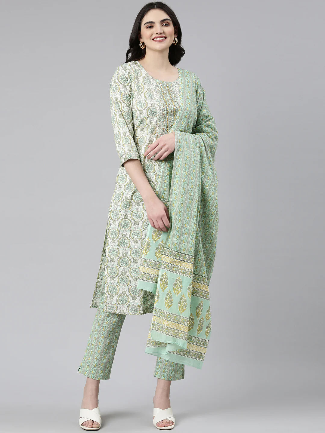 Neerus Green Regular Straight Printed Kurta And Trousers With Dupatta
