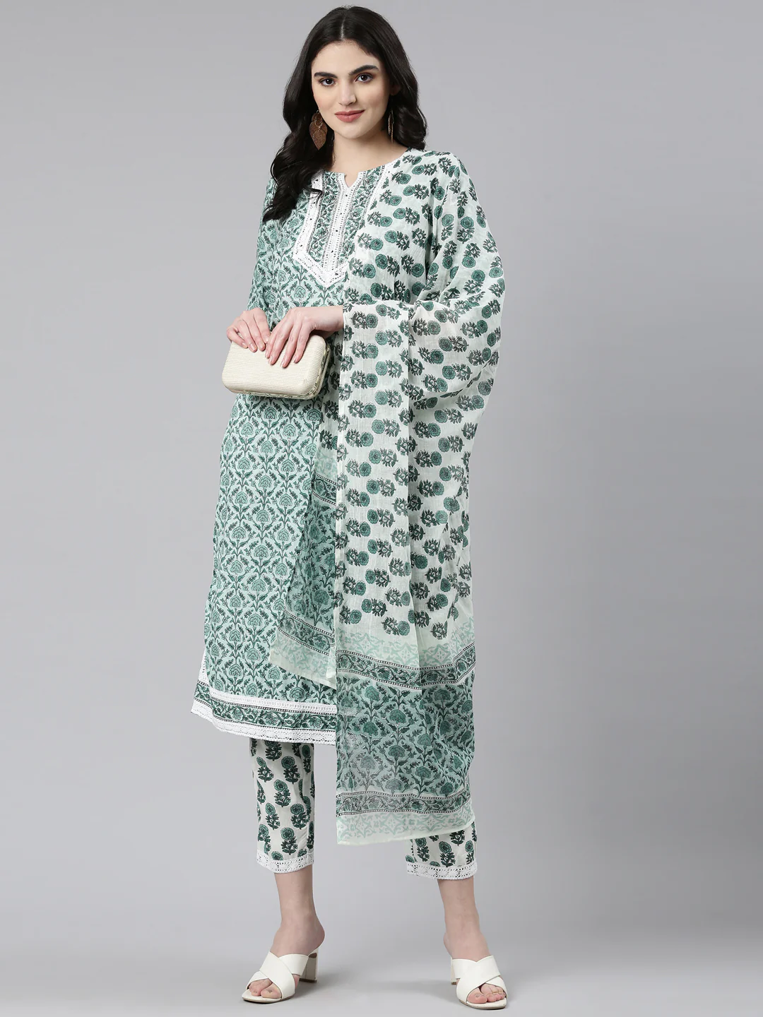 Neerus Green Regular Straight Printed Kurta And Trousers With Dupatta - Image 5
