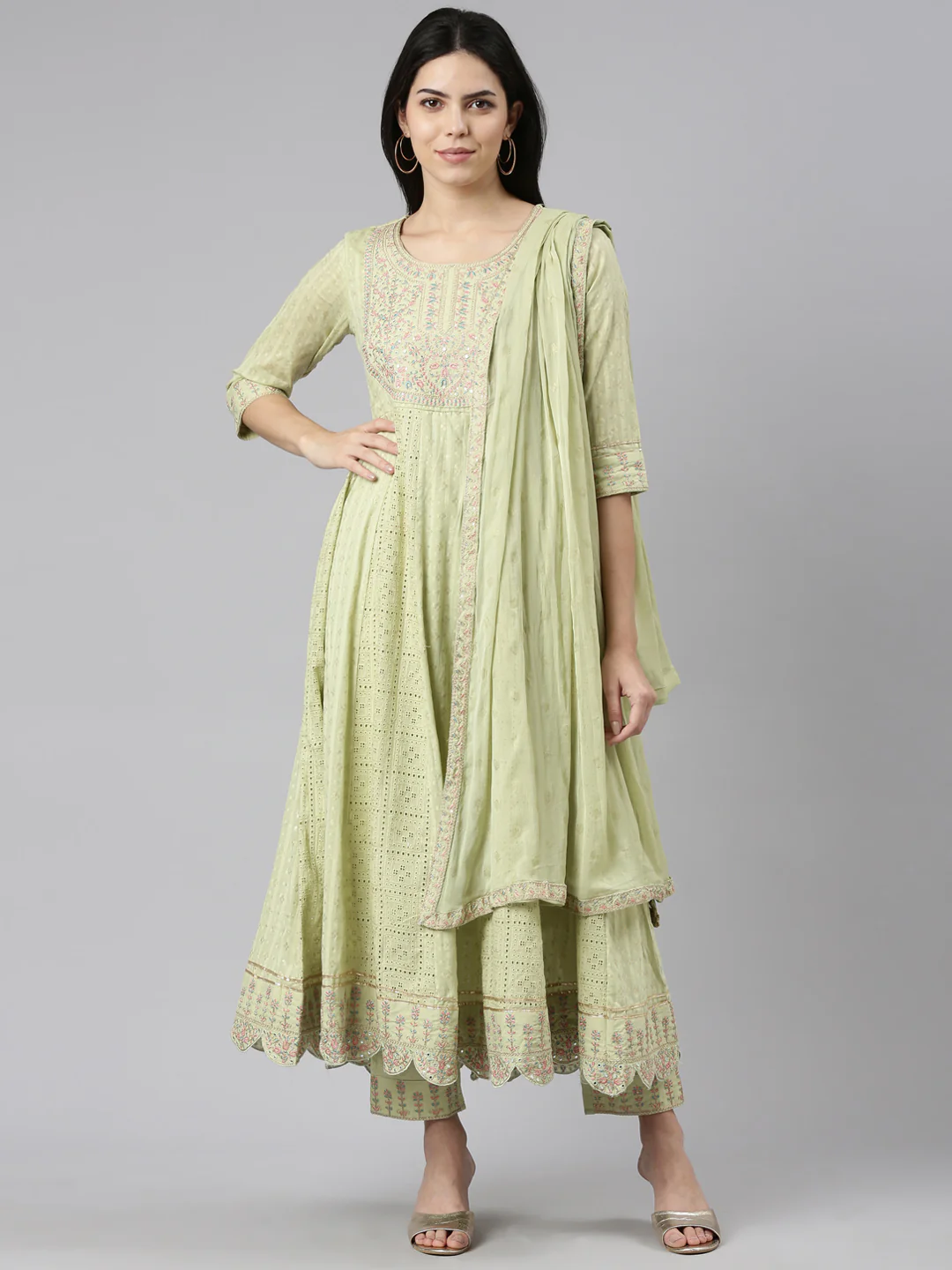 Neerus Green Regular Straight Printed Kurta And Trousers With Dupatta