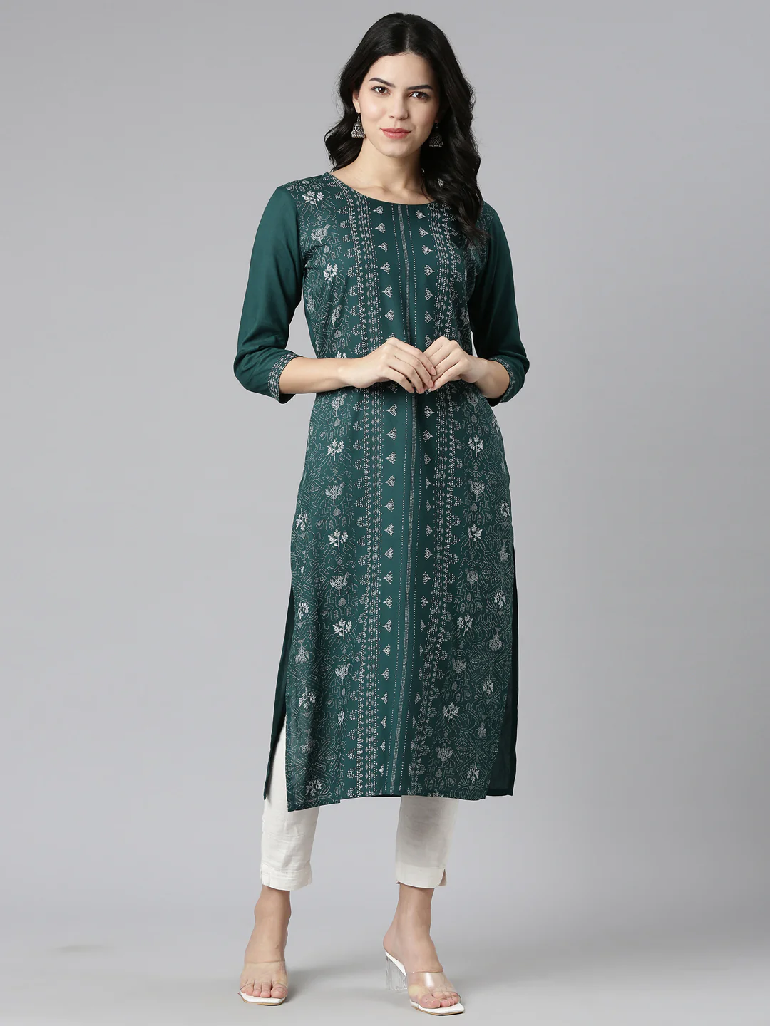 Neerus Green Regular Straight Printed Kurta - Image 5