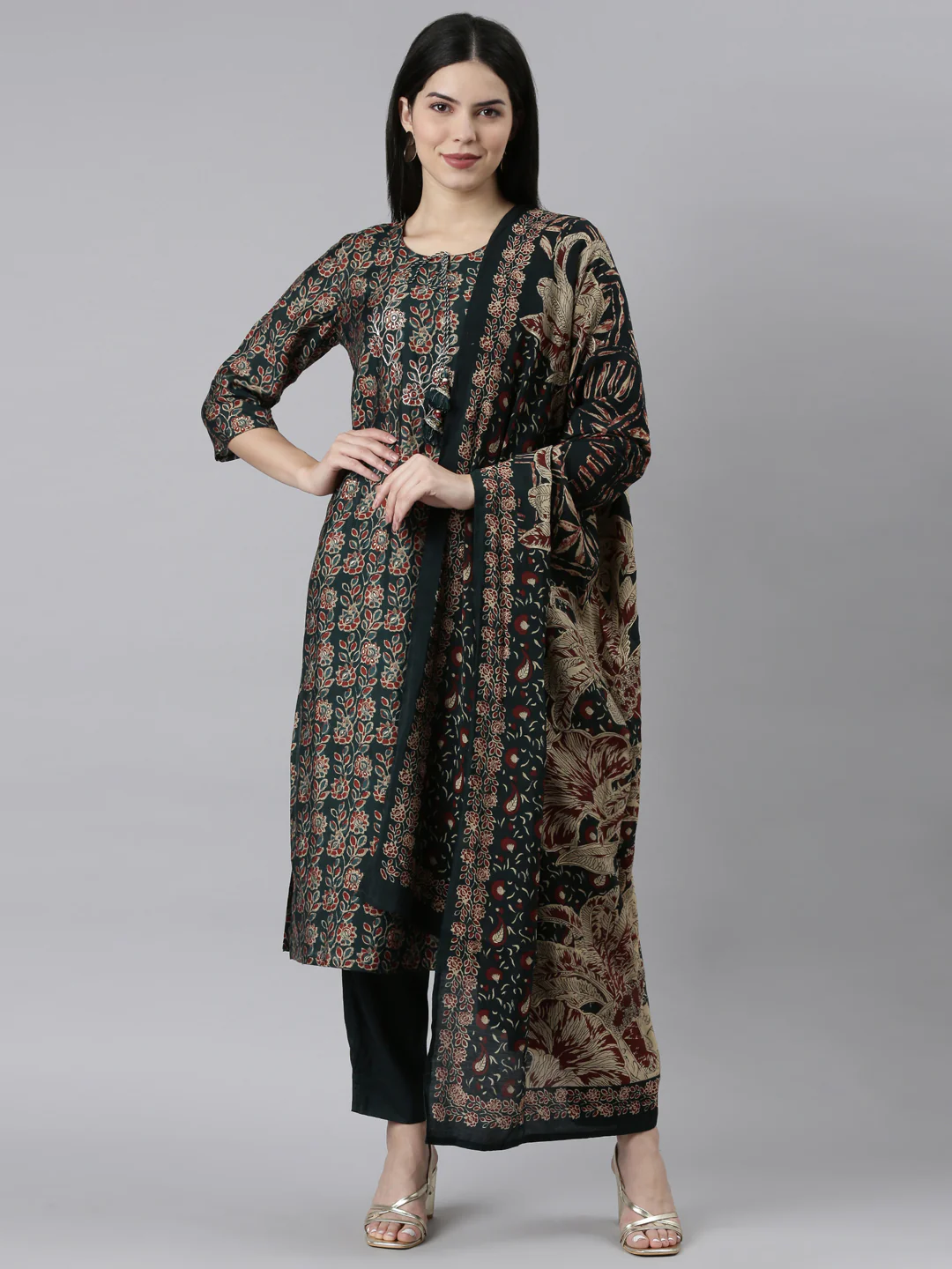 Neerus Green Regular Straight Solid Kurta And Trousers With Dupatta