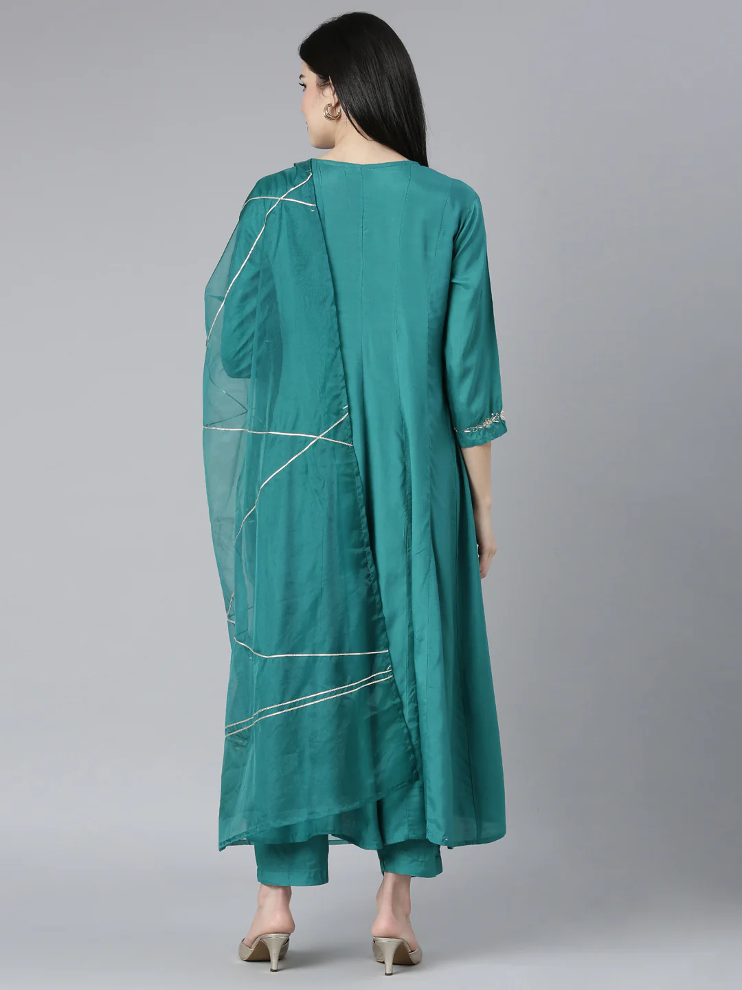 Neerus Green Regular Straight Solid Kurta And Trousers With Dupatta - Image 3
