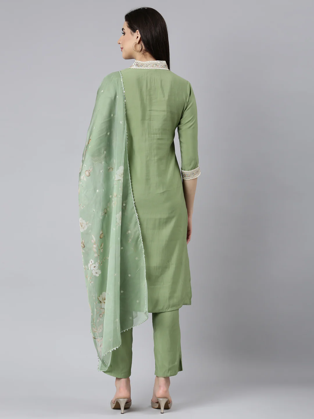 Neerus Green Regular Straight Solid Kurta And Trousers With Dupatta - Image 3