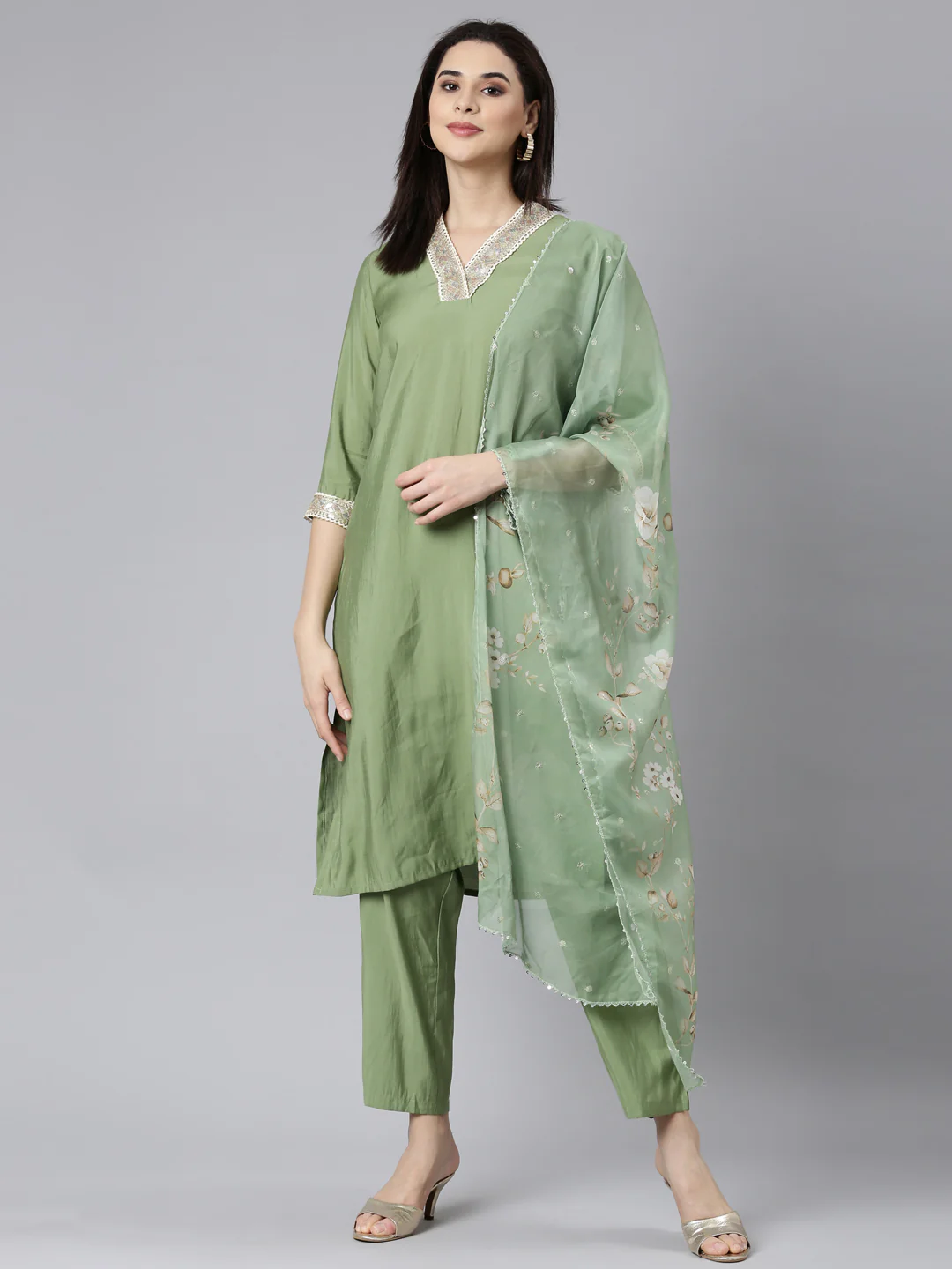 Neerus Green Regular Straight Solid Kurta And Trousers With Dupatta - Image 5