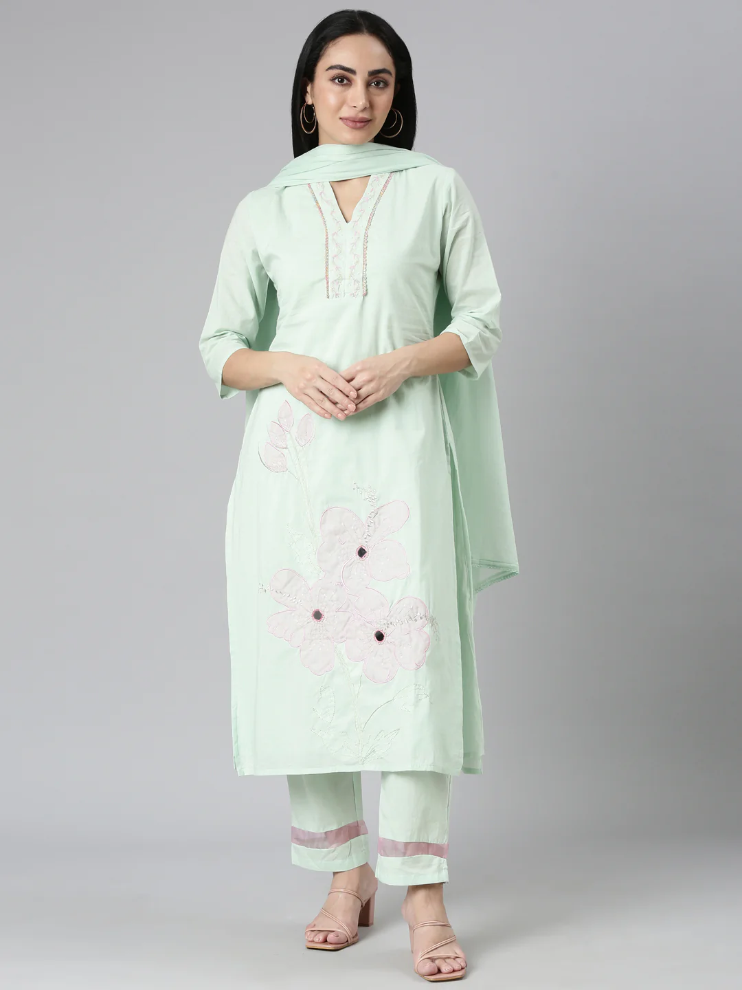 Neerus Green Regular Straight Solid Kurta and Trousers With Dupatta