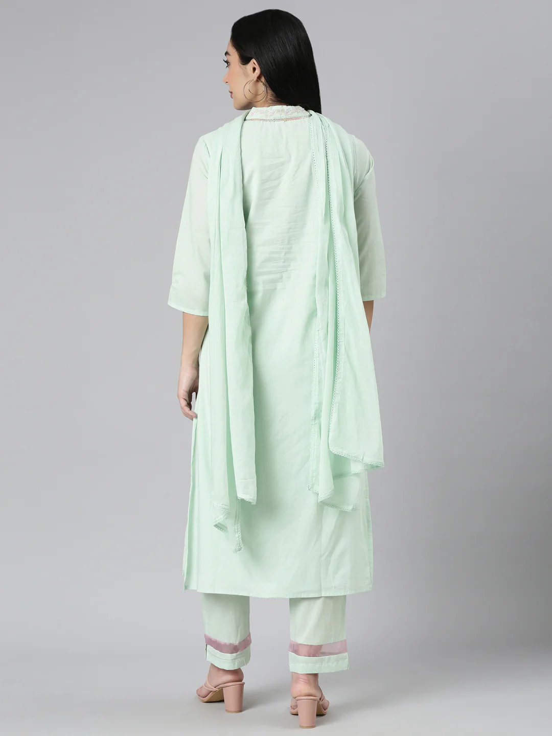Neerus Green Regular Straight Solid Kurta and Trousers With Dupatta - Image 3