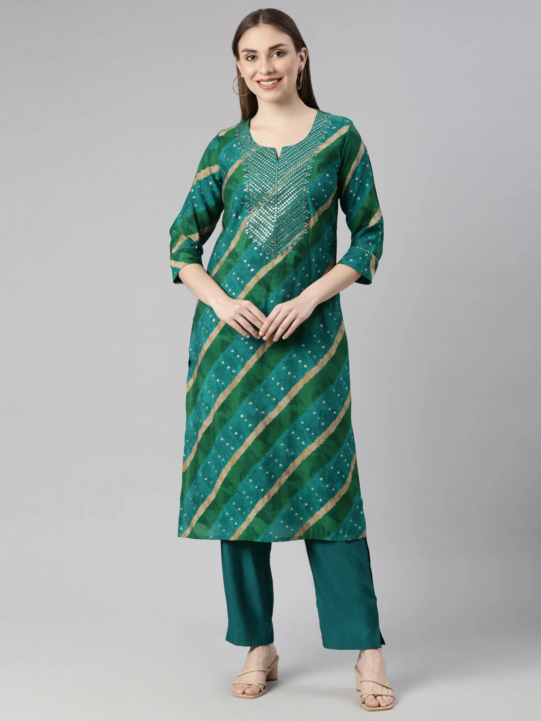 Neerus Green Regular Straight Striped Kurta And Trousers