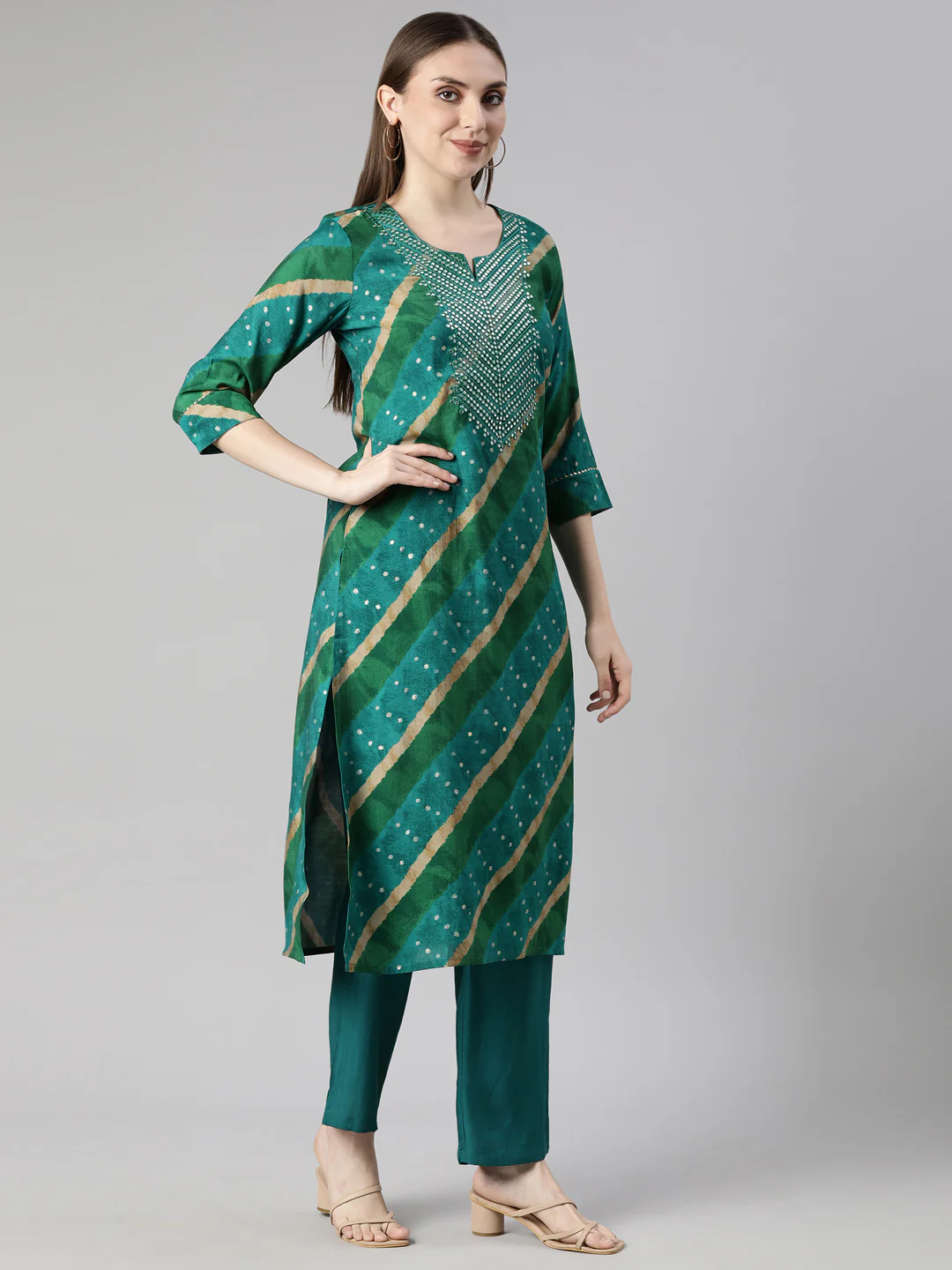 Neerus Green Regular Straight Striped Kurta And Trousers - Image 2