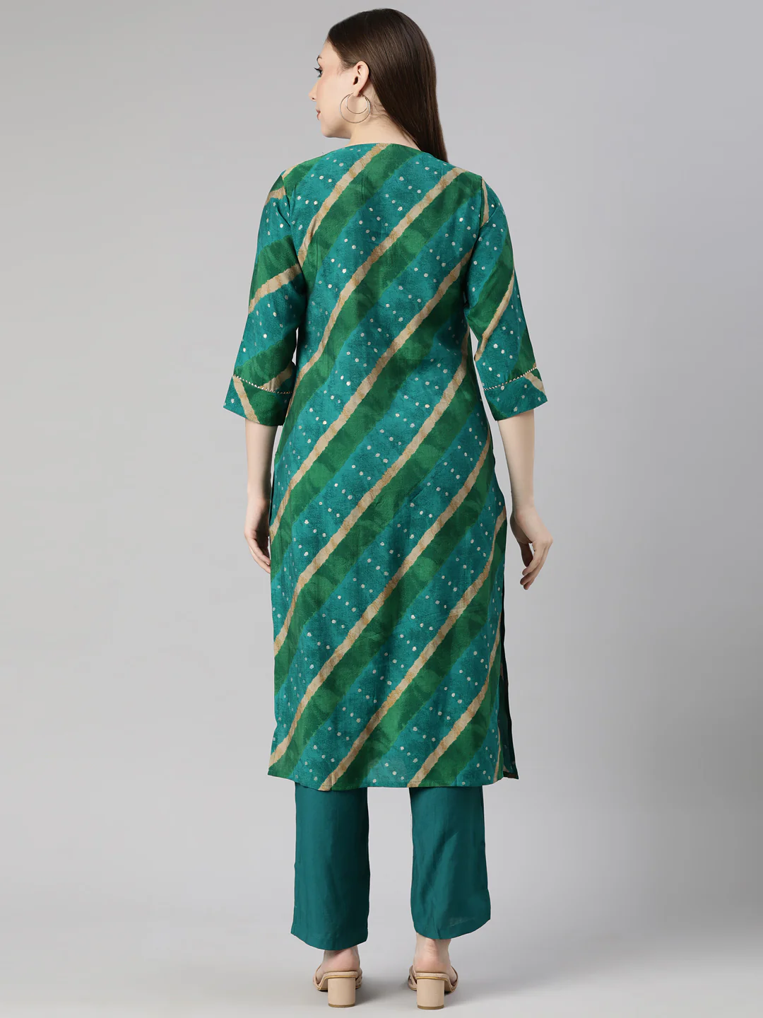 Neerus Green Regular Straight Striped Kurta And Trousers - Image 3