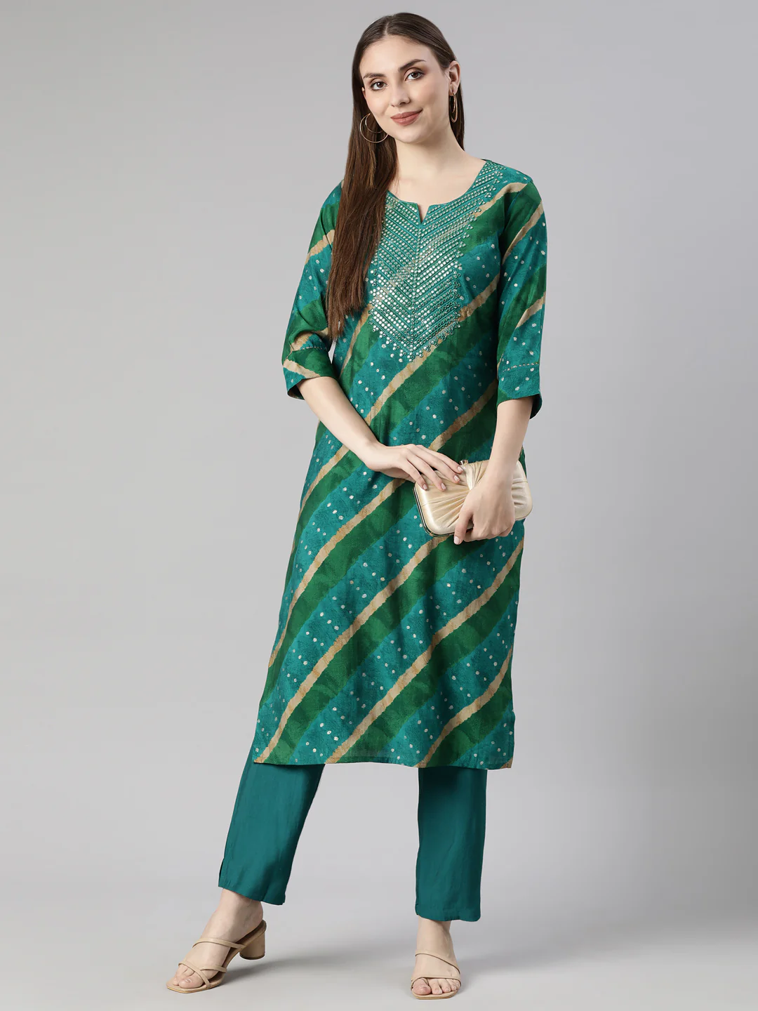 Neerus Green Regular Straight Striped Kurta And Trousers - Image 5